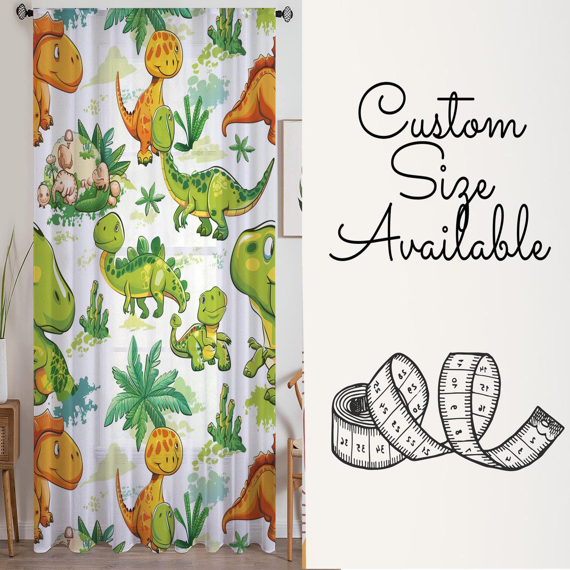 Dinosaur Sheer Curtain for Kids Room, Lightweight Green Orange Dino Jurassic Nursery Net Voile, Kids Room Window Drapes, Machine Washable
