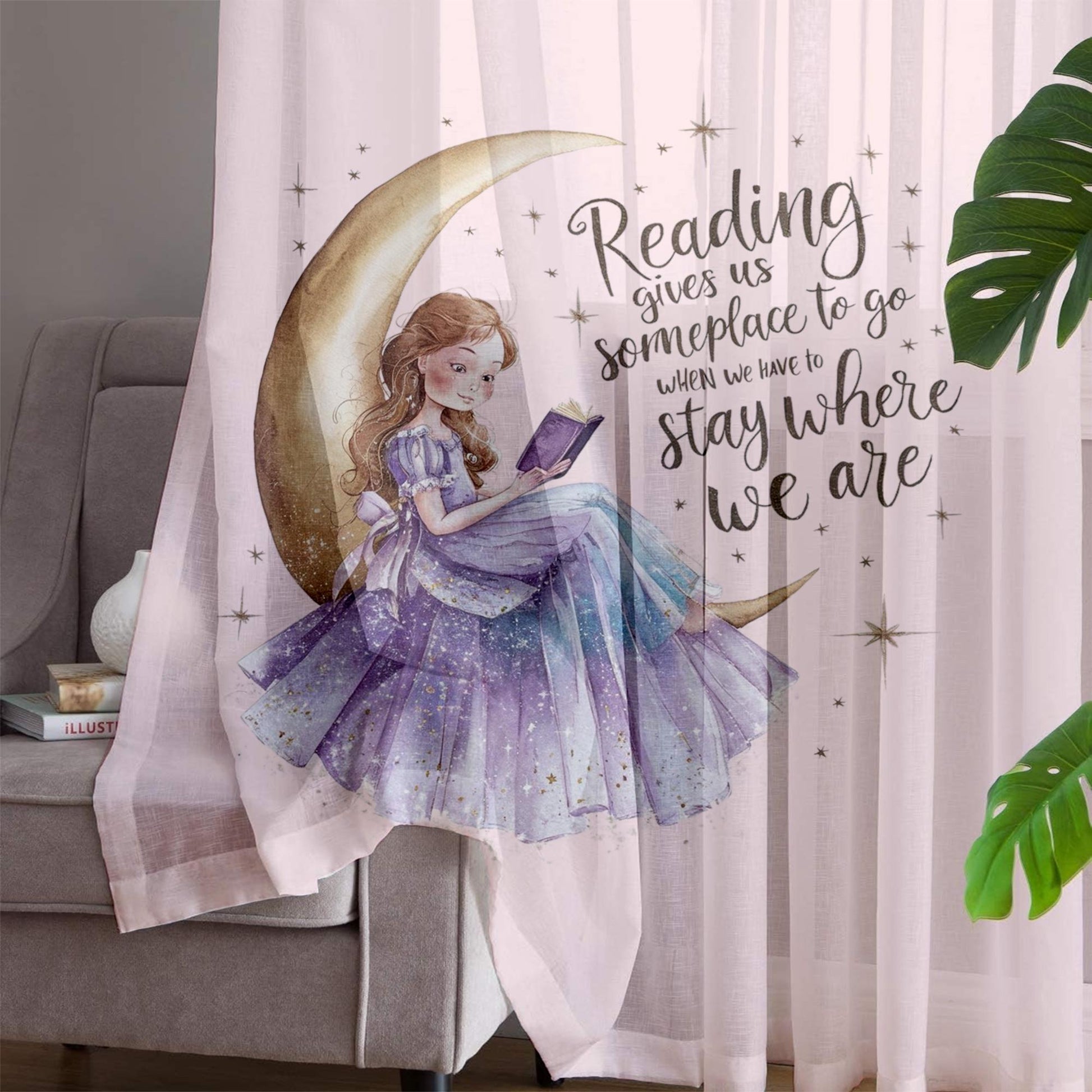 Reading Book Girls on Moon Sheer Curtain for Kids Room, Lightweight Purple Pink Nursery Net Voile, Kids Room Window Drapes, Machine Washable