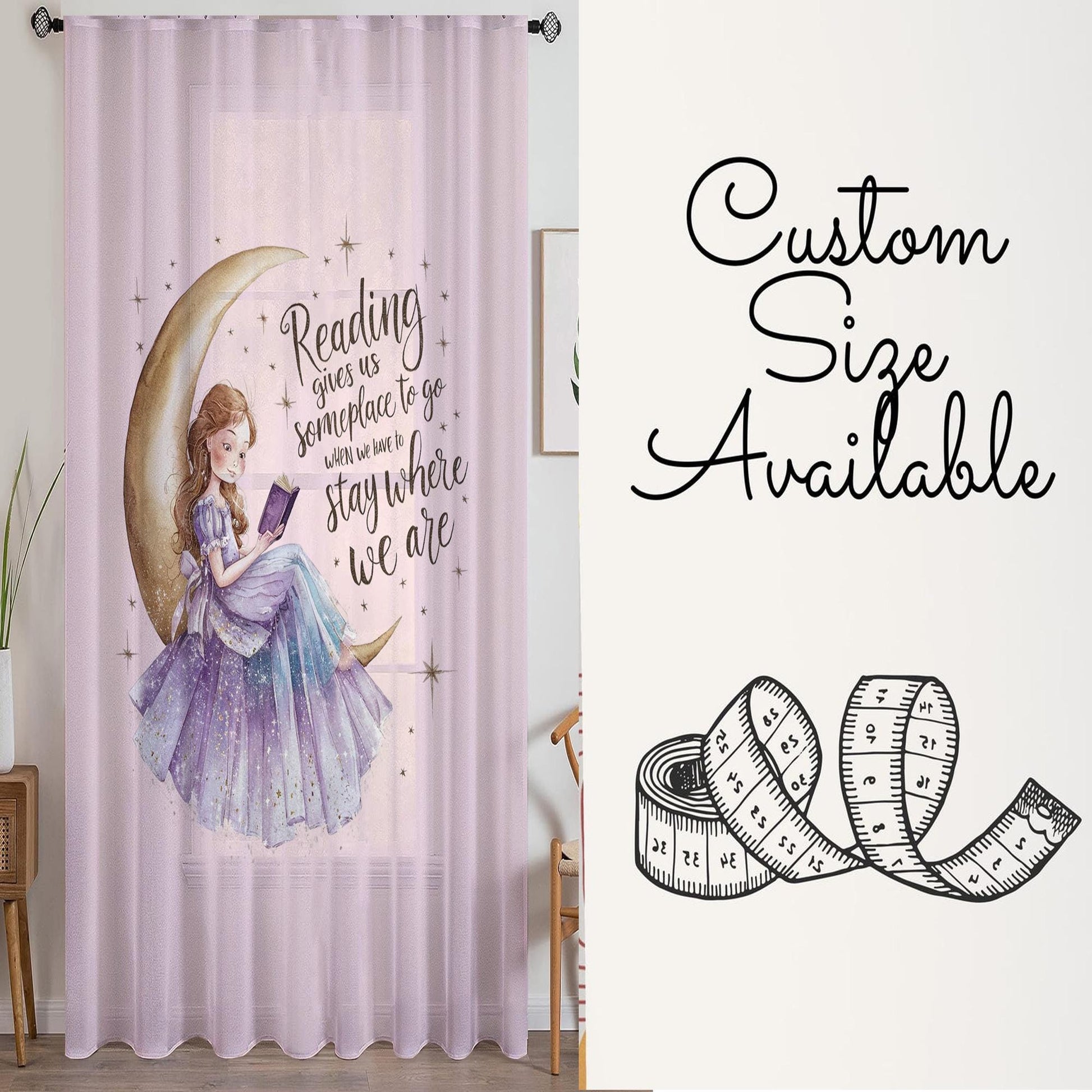 Reading Book Girls on Moon Sheer Curtain for Kids Room, Lightweight Purple Pink Nursery Net Voile, Kids Room Window Drapes, Machine Washable