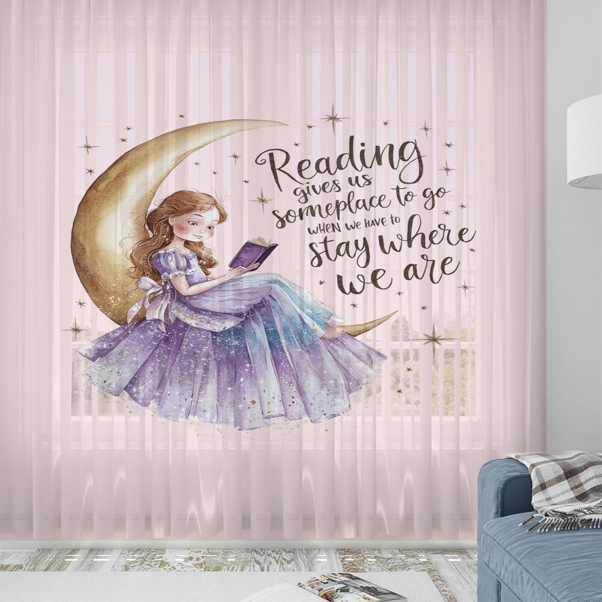 Reading Book Girls on Moon Sheer Curtain for Kids Room, Lightweight Purple Pink Nursery Net Voile, Kids Room Window Drapes, Machine Washable