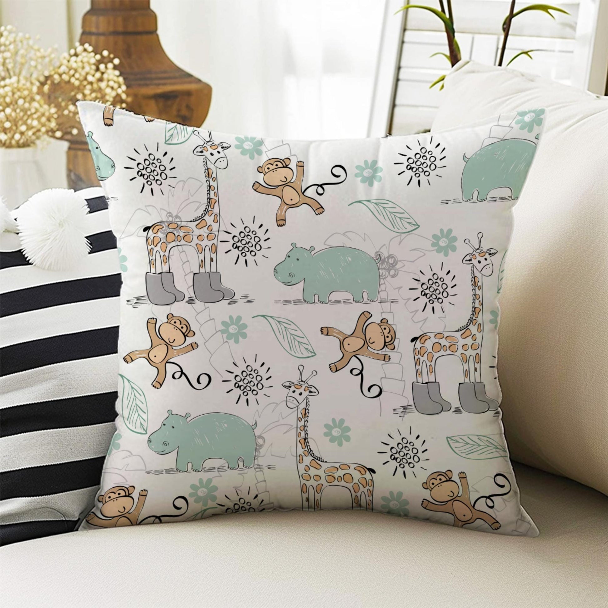 Cute Animals Pillow Covers for Kids Room & Playroom Decor, Bold Nursery Cushion Covers, Decorative Animal Themed Throw Pillowcases