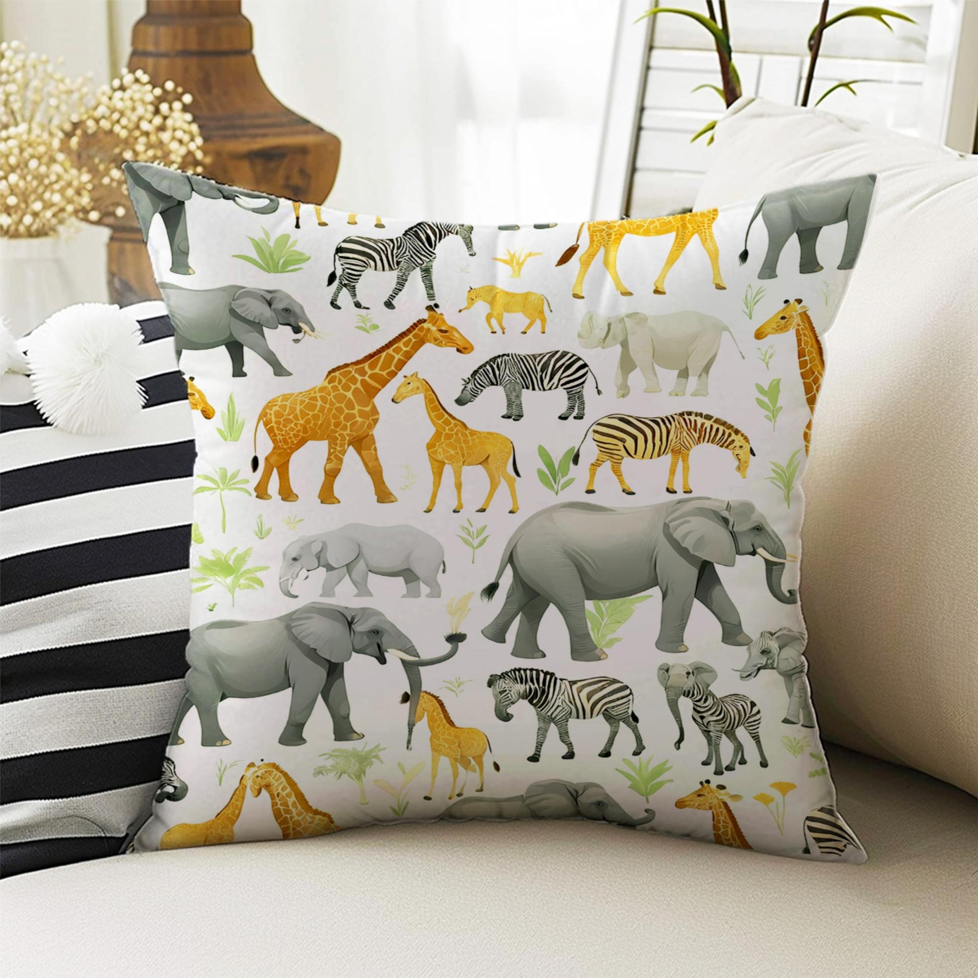Cute Animals Pillow Covers for Kids Room & Playroom Decor, Bold Nursery Cushion Covers, Decorative Animal Themed Throw Pillowcases