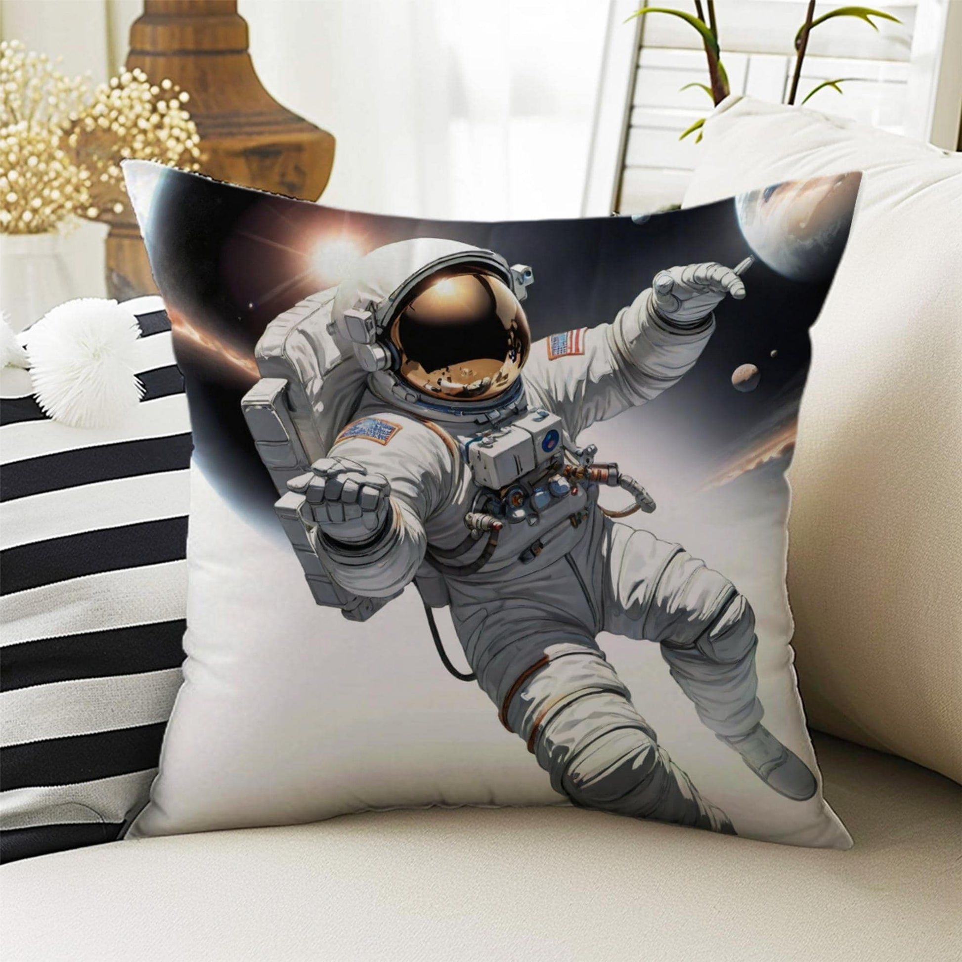 Cute Astronaut Pillow Covers for Kids Room & Playroom Decor, Bold Nursery Cushion Covers, Decorative Space Man Themed Throw Pillowcases