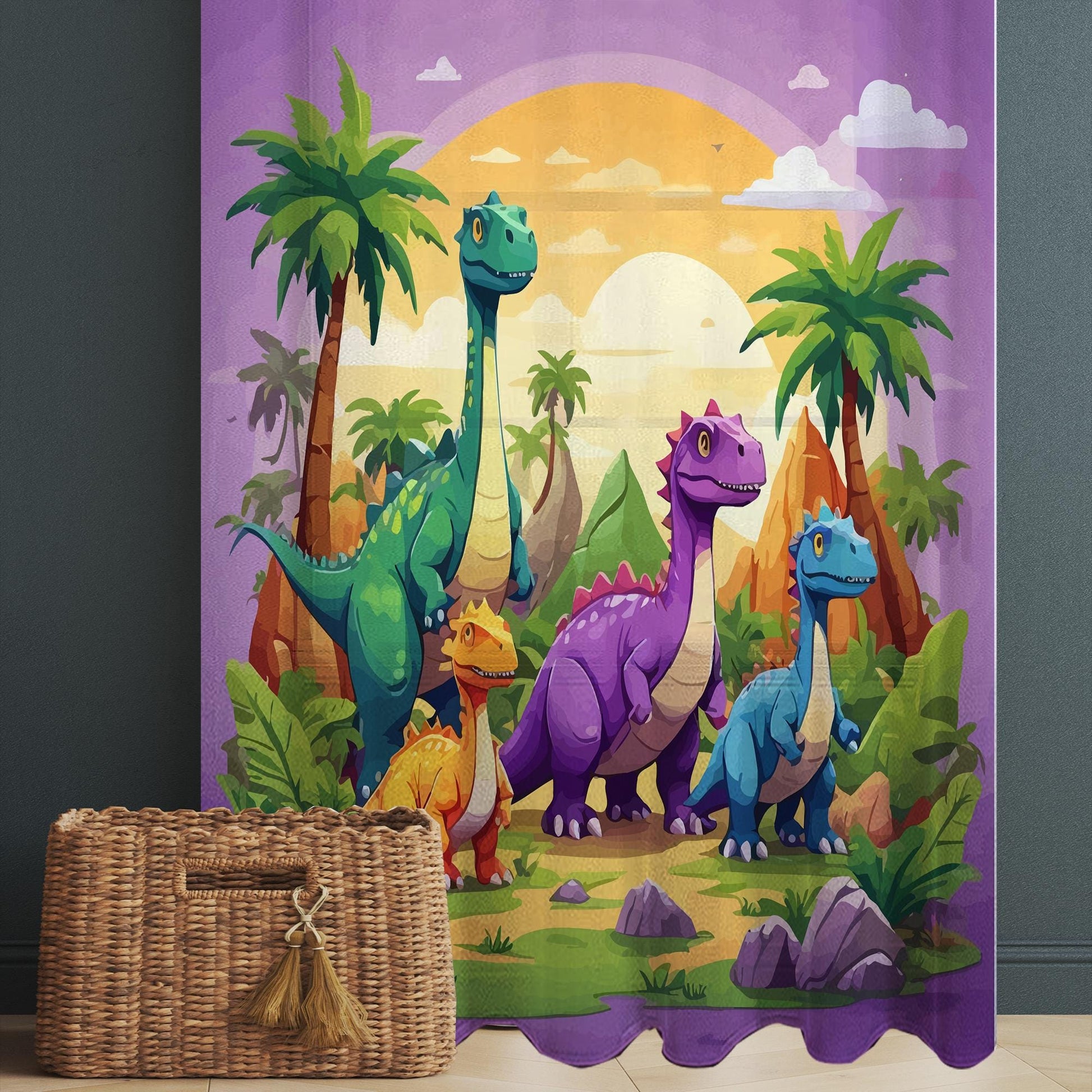 Colorful Dinosaur Forest Sheer Curtain for Kids Room, Lightweight Jurassic Theme Nursery Net Voile, Kids Room Window Drapes