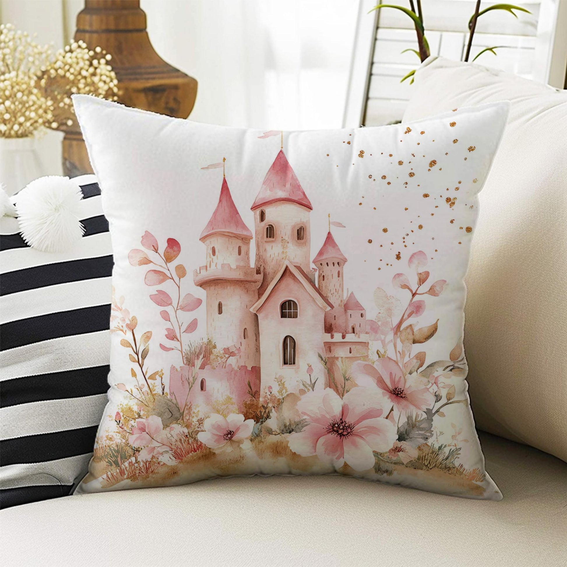 Kids Room Decor Cute Pink Castle Pillow Covers, Bold Nursery Cushion & Decorative Girls Throw Pillowcases for Playroom