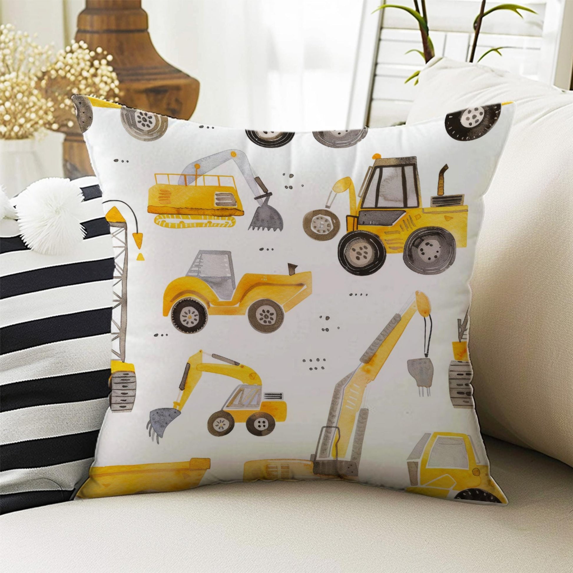 Kids Room Decor Construction Equipment Pillow Covers, Bold Nursery Cushion & Decorative Children Throw Pillowcases for Playroom