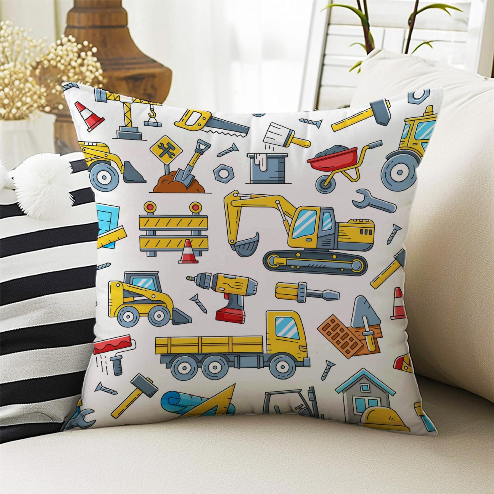 Kids Room Decor Construction Equipment Pillow Covers, Bold Nursery Cushion & Decorative Children Throw Pillowcases for Playroom
