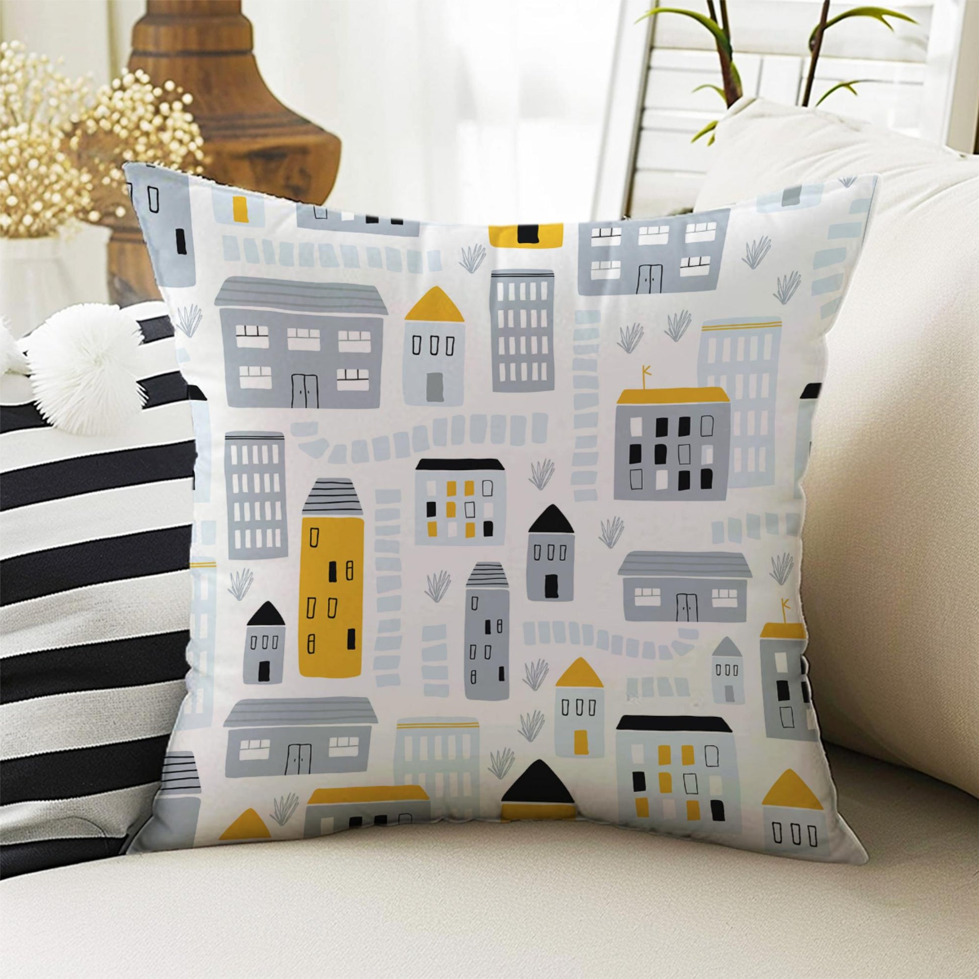 Kids Room Decor Construction Equipment Road Play Pillow Covers, Bold Nursery Cushion & Decorative Children Throw Pillowcases for Playroom