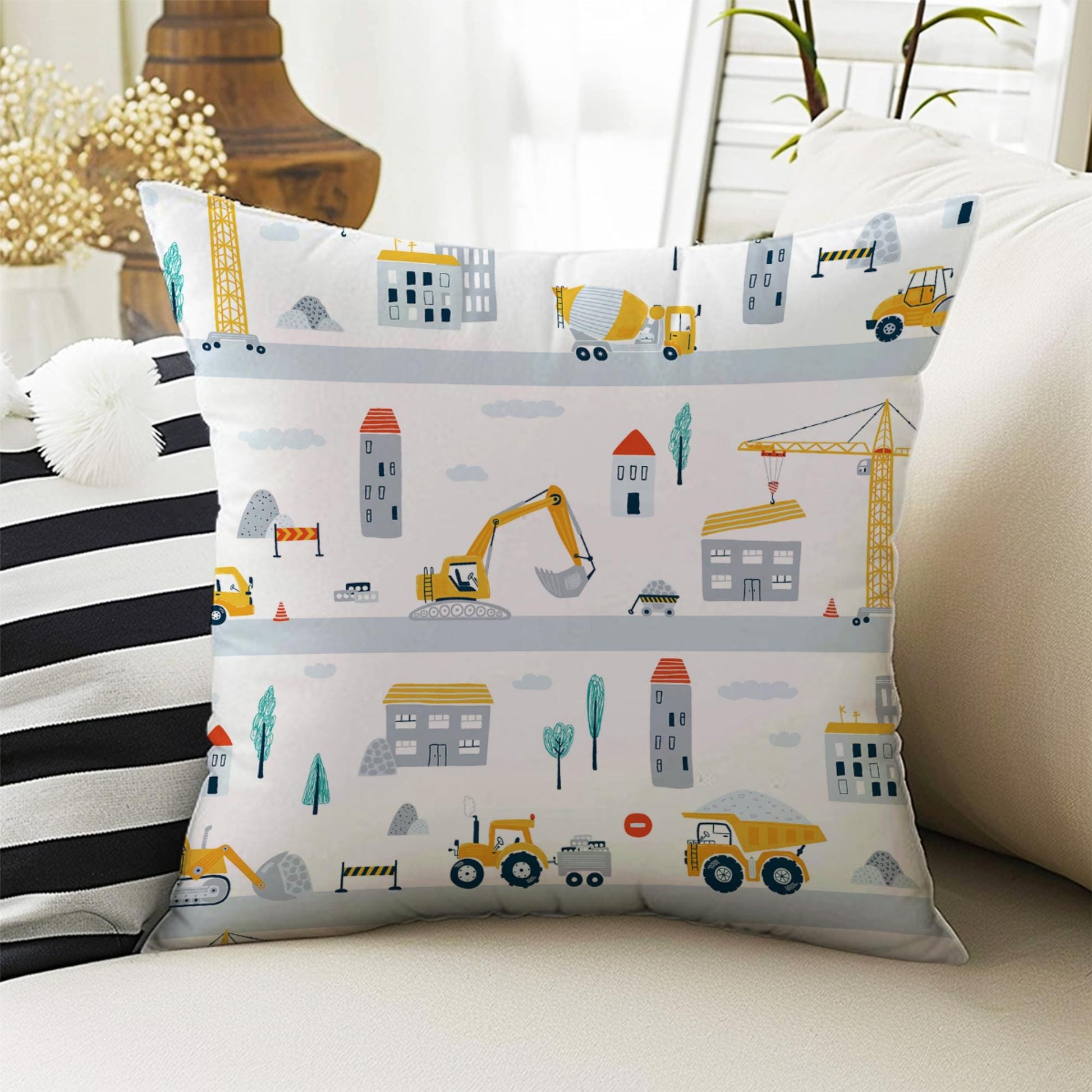 Kids Room Decor Construction Equipment Road Play Pillow Covers, Bold Nursery Cushion & Decorative Children Throw Pillowcases for Playroom