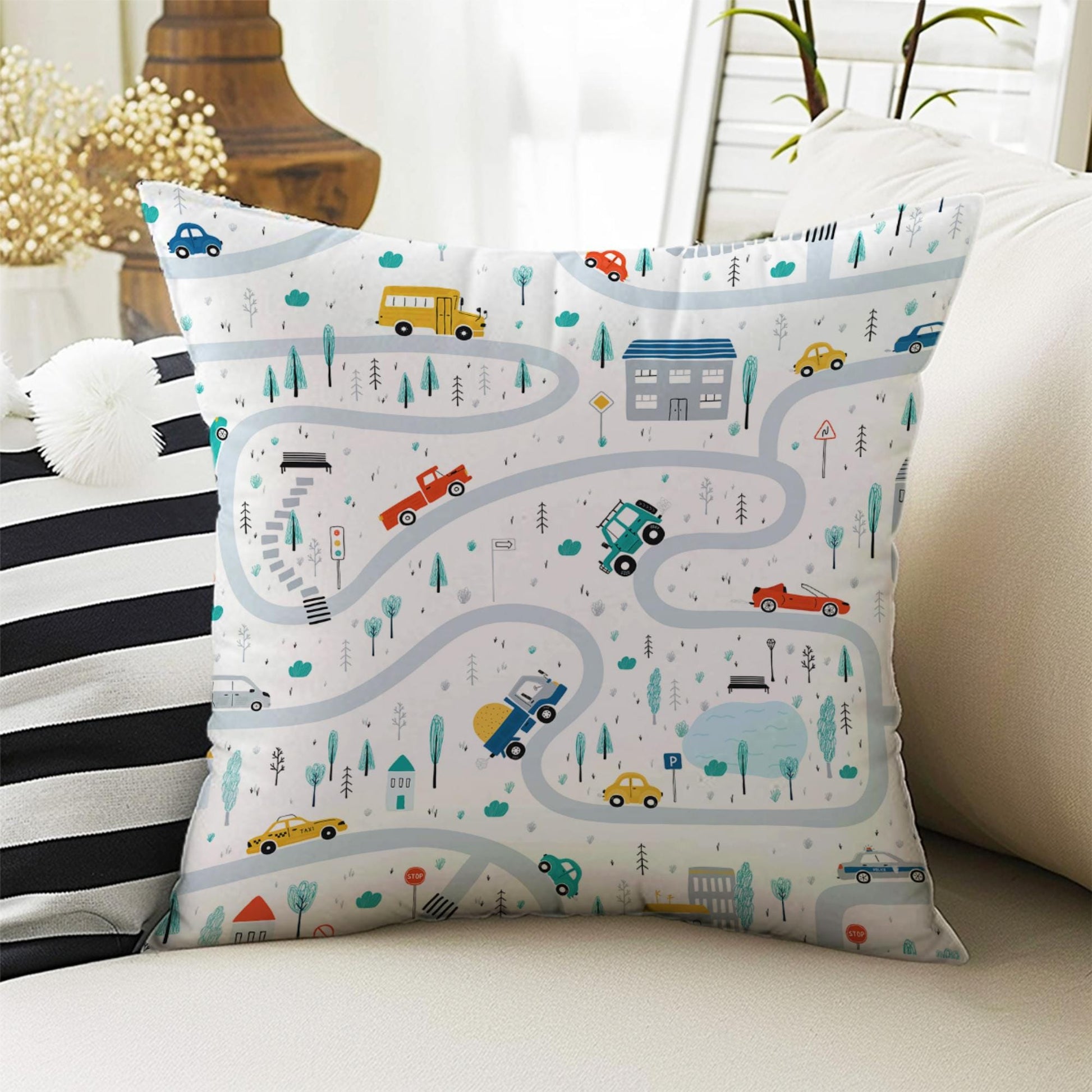 Kids Room Decor Construction Equipment Road Play Pillow Covers, Bold Nursery Cushion & Decorative Children Throw Pillowcases for Playroom