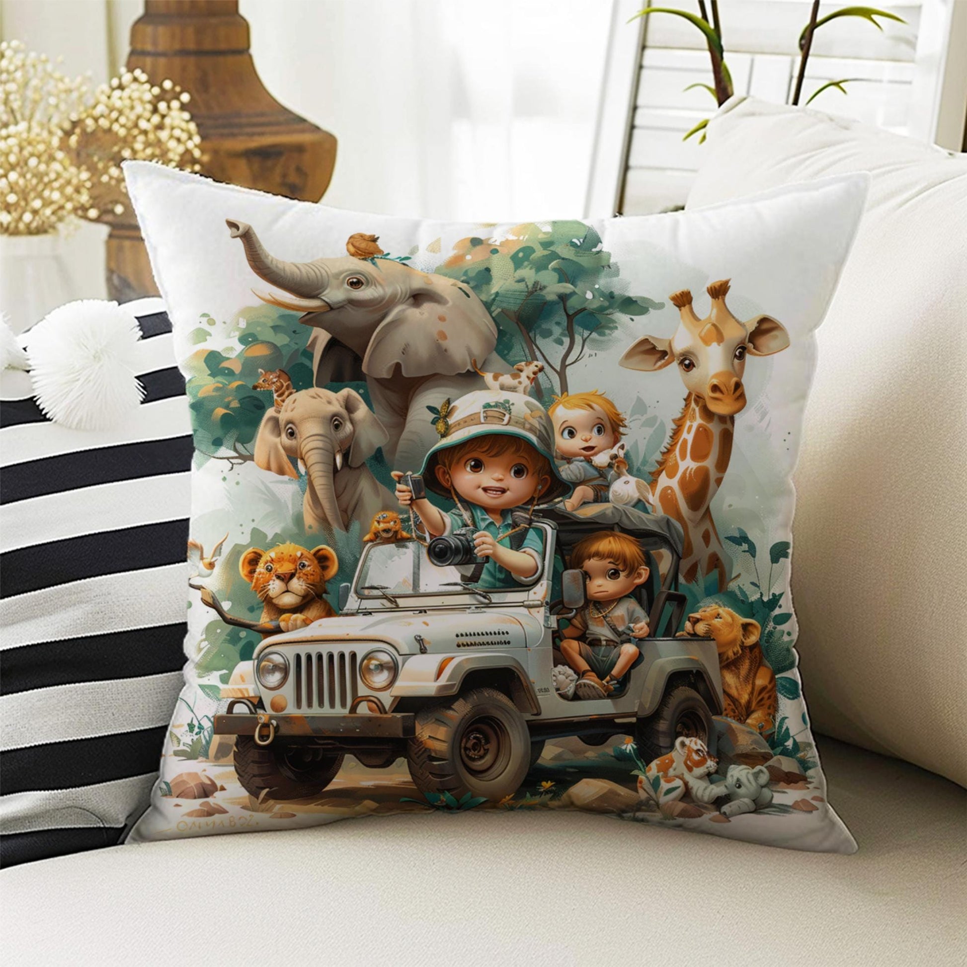 Kids Room Decor Car Plane Safari Boho Pillow Covers, Bold Nursery Cushion & Decorative Children Throw Pillowcases for Playroom