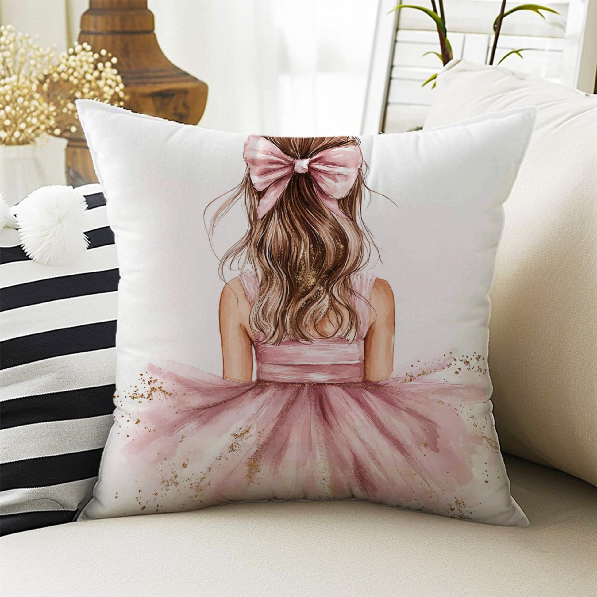 Kids Room Decor Fairy Pink Princess Girls Pillow Covers, Bold Nursery Cushion & Decorative Children Throw Pillowcases for Playroom