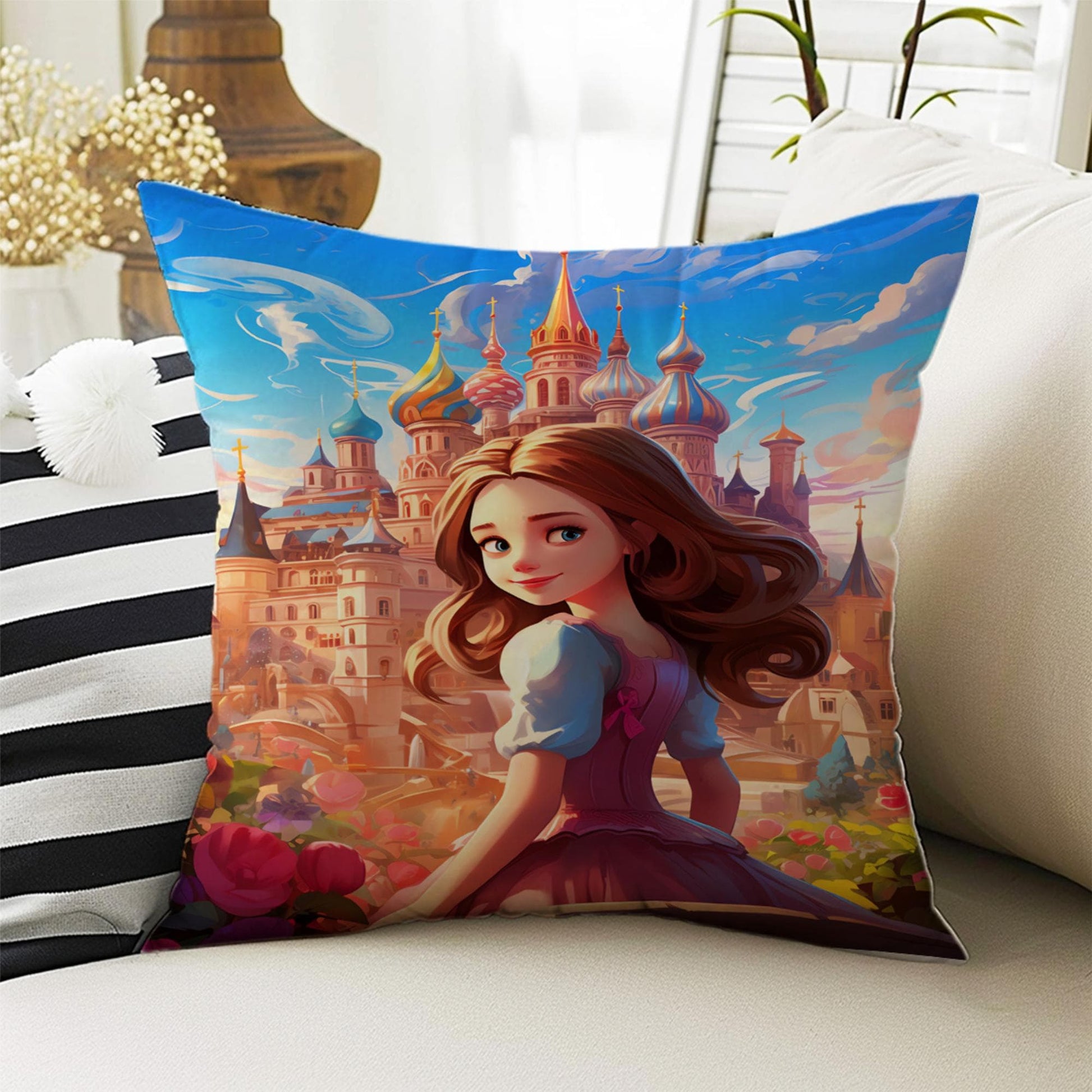 Kids Room Decor Fairy Pink Princess Girls Pillow Covers, Bold Nursery Cushion & Decorative Children Throw Pillowcases for Playroom