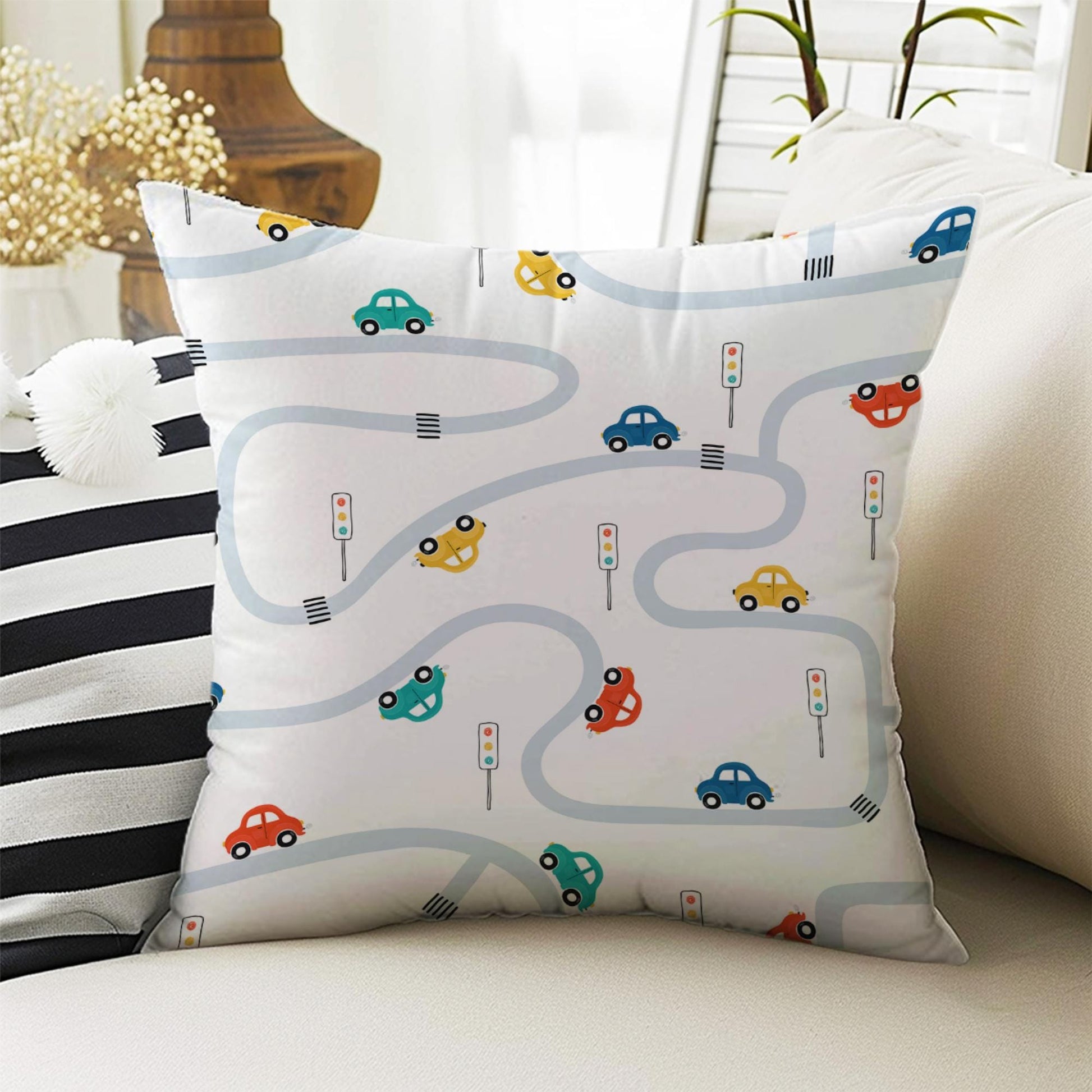 Kids Room DecorCar Play Road City Pillow Covers, Bold Nursery Cushion & Decorative Children Throw Pillowcases for Playroom