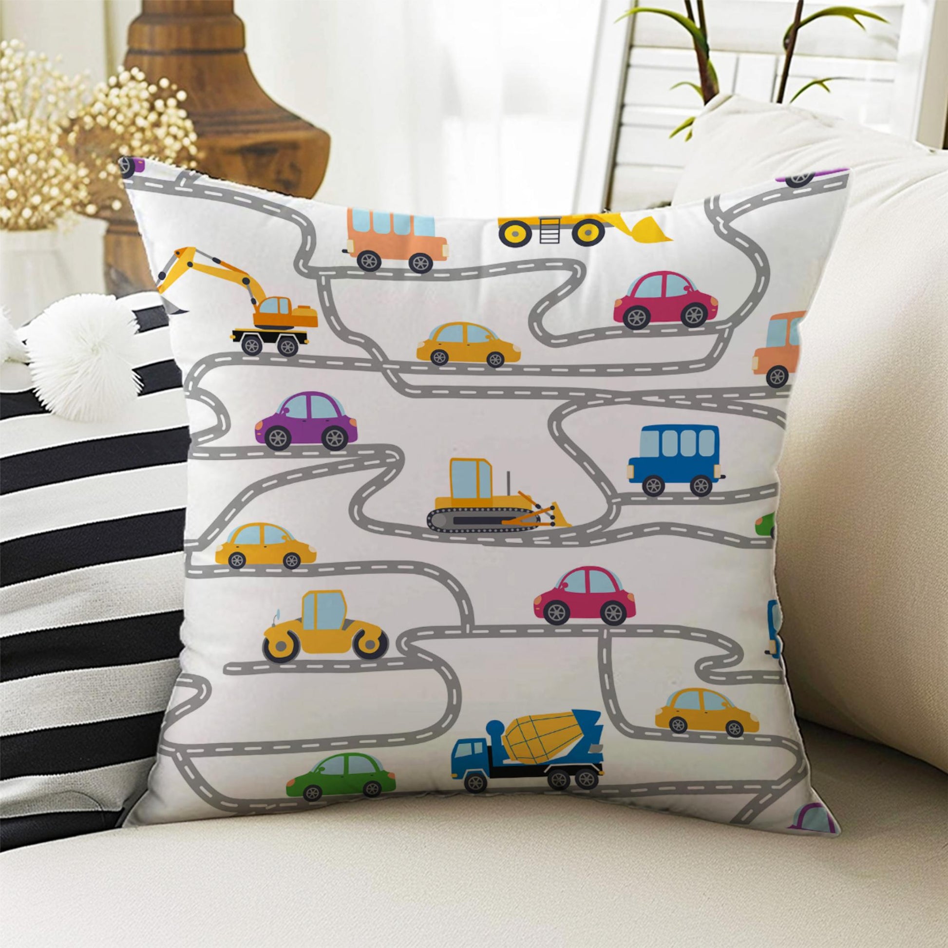 Kids Room DecorCar Play Road City Pillow Covers, Bold Nursery Cushion & Decorative Children Throw Pillowcases for Playroom