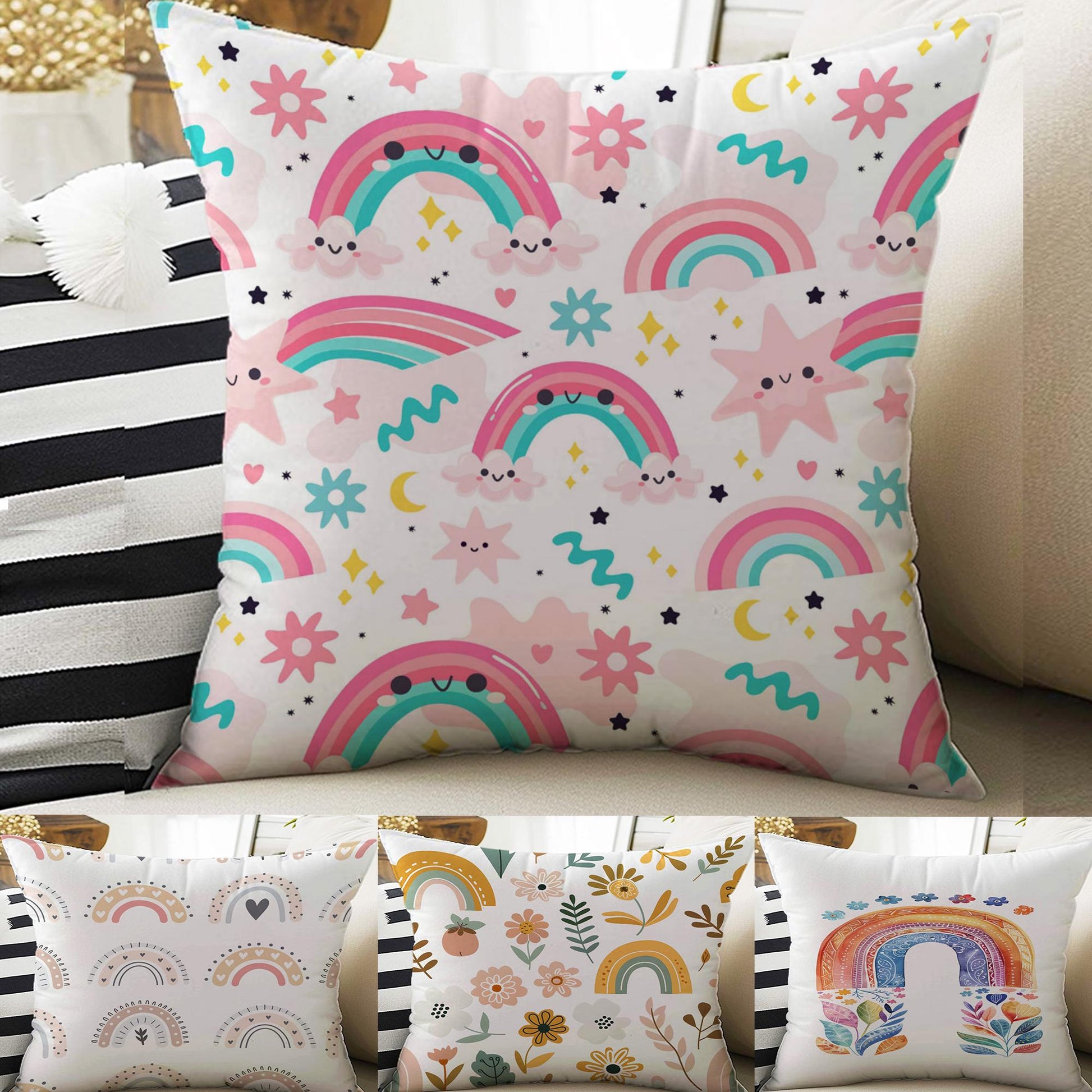 Kids Room Decor Colorful Pink Rainbow Clouds Pillow Covers, Bold Nursery Cushion & Decorative Children Throw Pillowcases for Playroom