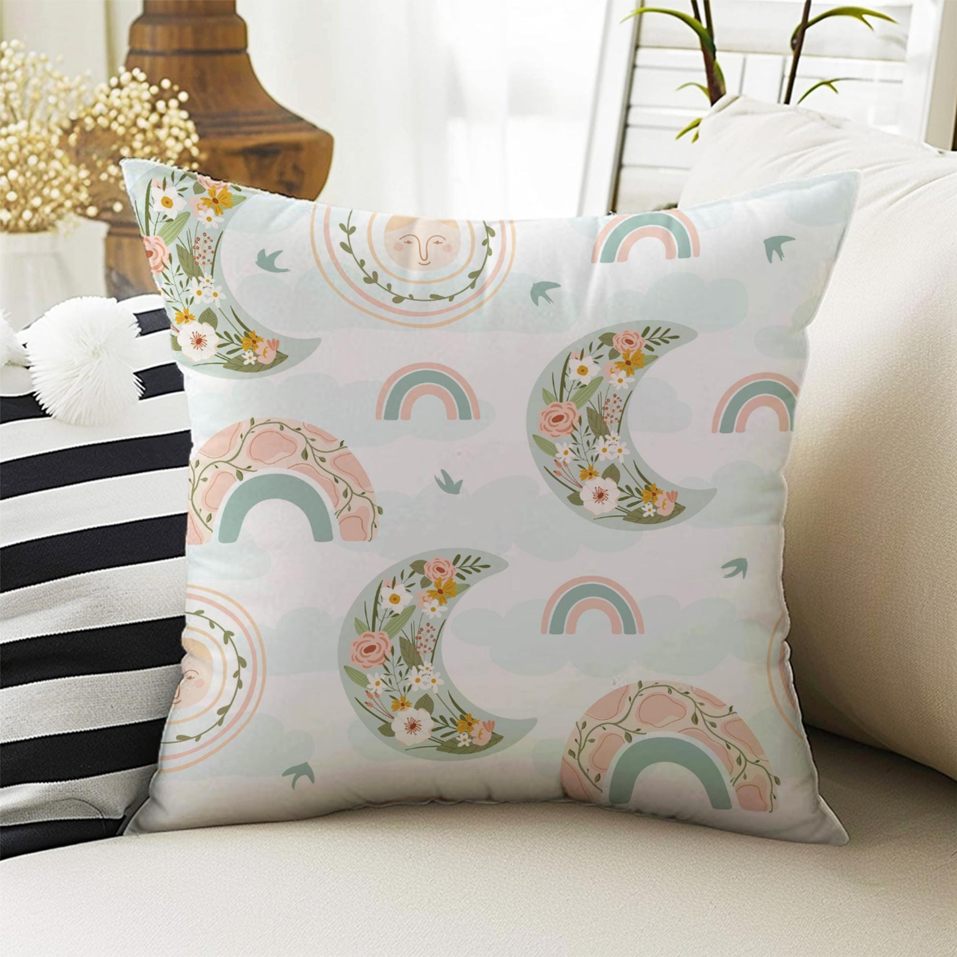 Kids Room Decor Boho Colorful Pink Rainbow Clouds Pillow Covers, Bold Nursery Cushion & Decorative Children Throw Pillowcases for Playroom