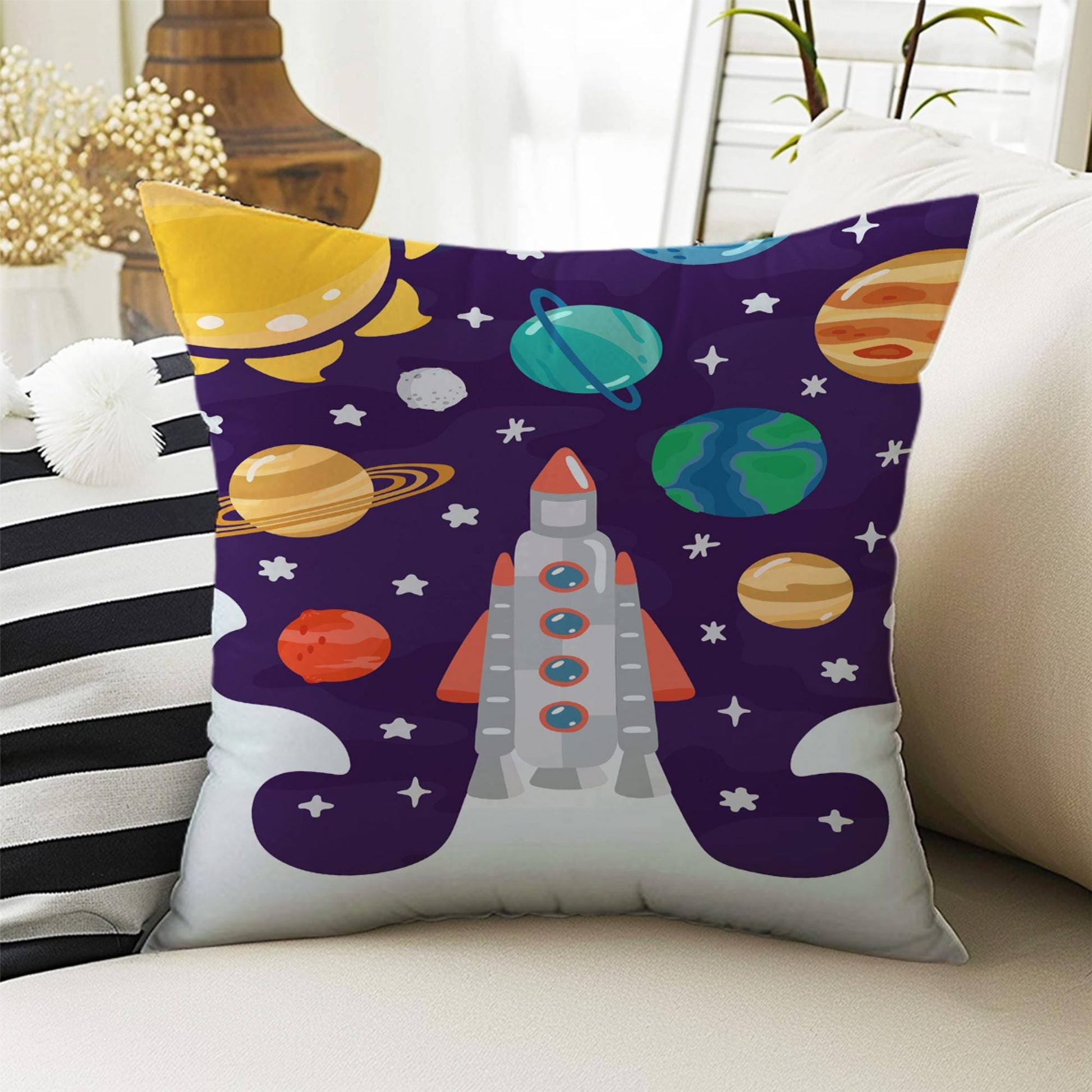 Kids Room Decor Galaxy Space Planets Rocket Pillow Covers, Bold Nursery Cushion & Decorative Children Throw Pillowcases for Playroom