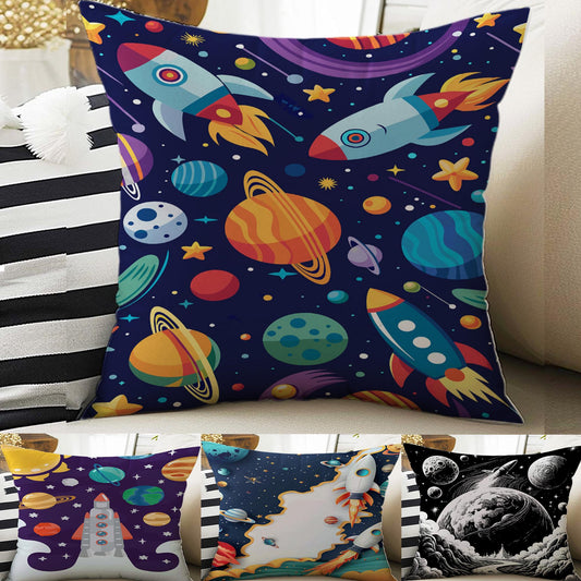 Kids Room Decor Galaxy Space Planets Rocket Pillow Covers, Bold Nursery Cushion & Decorative Children Throw Pillowcases for Playroom