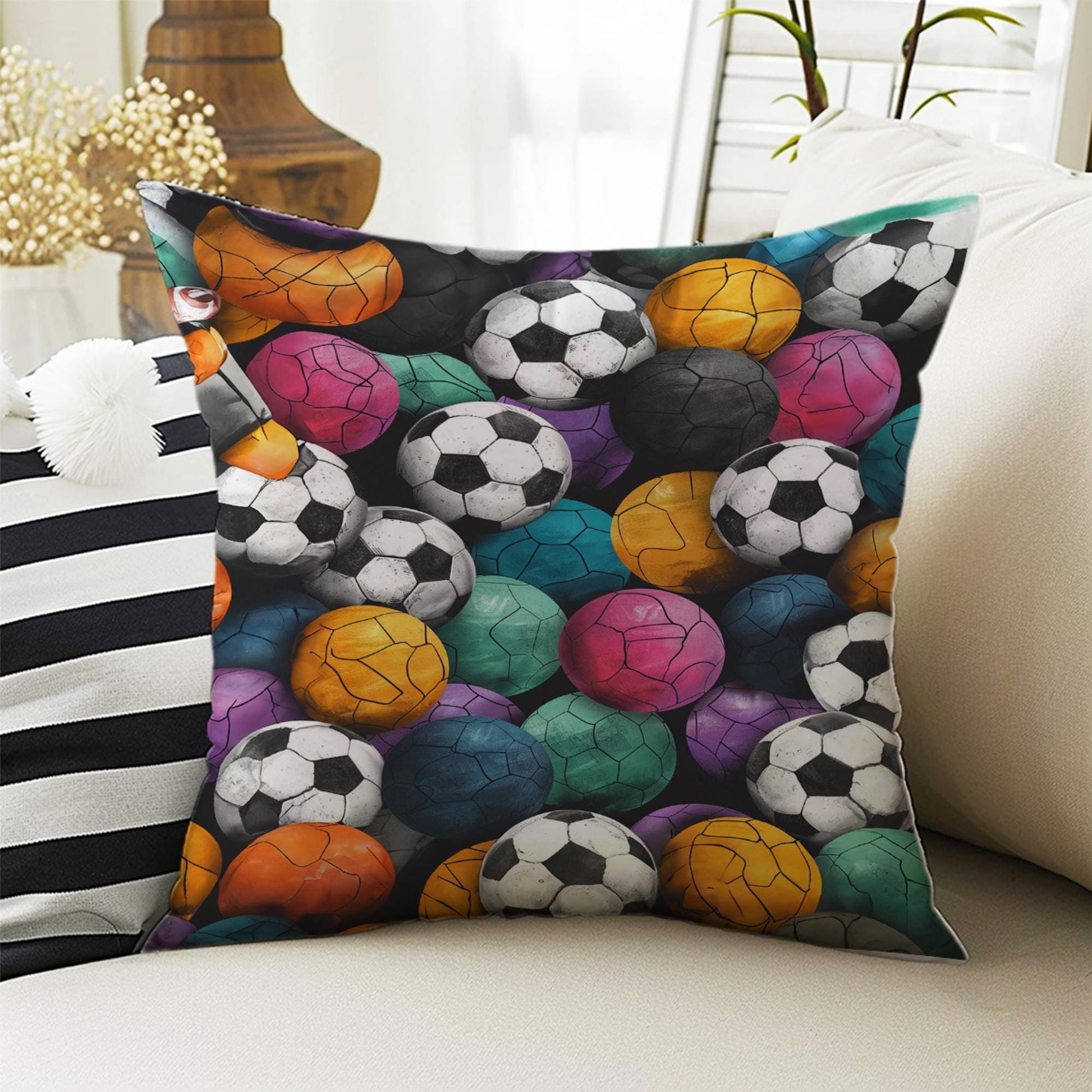 Kids Room Decor Sports Balls Basketball Pillow Covers, Bold Nursery Cushion & Decorative Children Throw Pillowcases for Playroom
