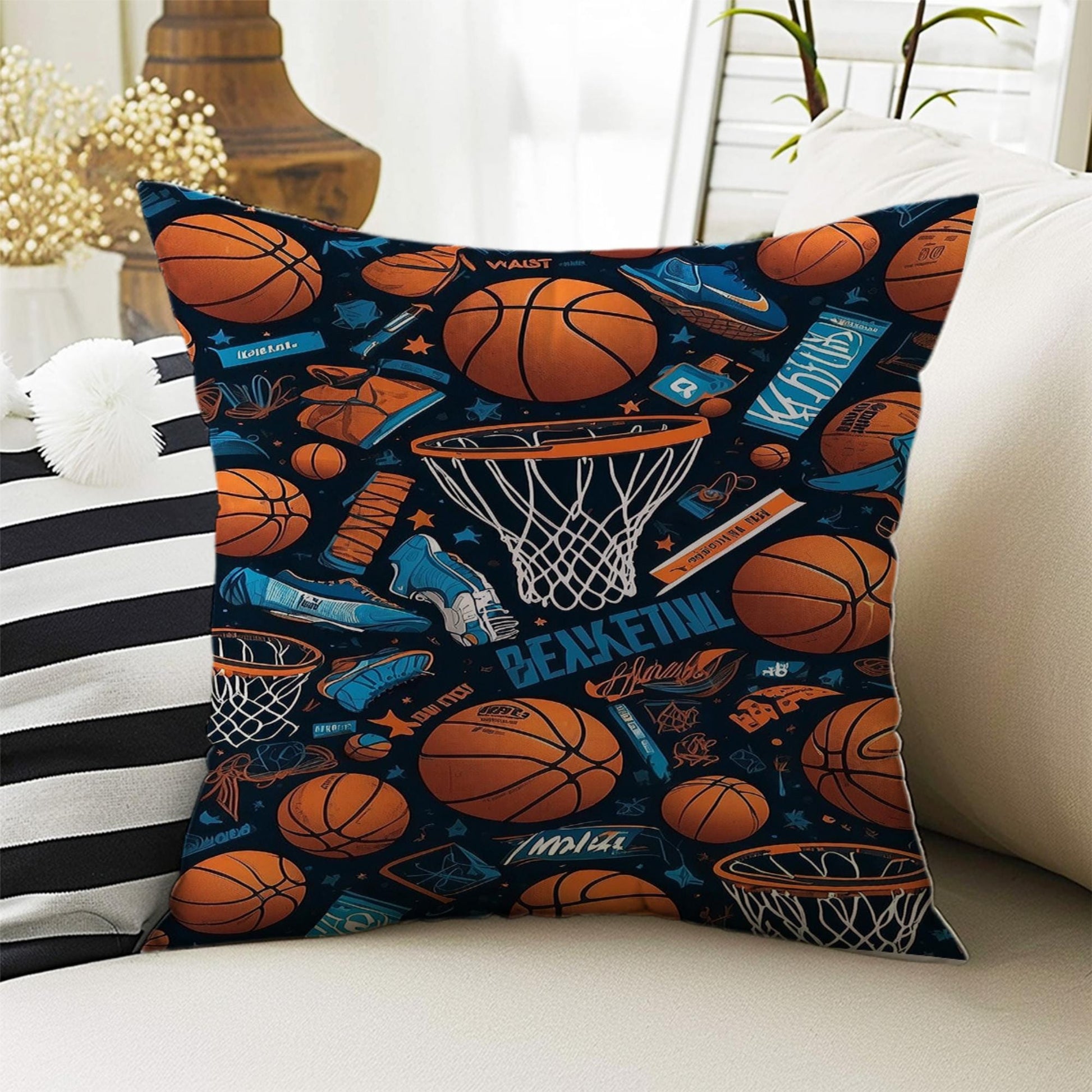 Kids Room Decor Sports Balls Basketball Pillow Covers, Bold Nursery Cushion & Decorative Children Throw Pillowcases for Playroom