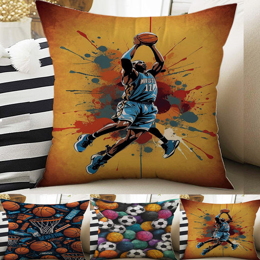 Kids Room Decor Sports Balls Basketball Pillow Covers, Bold Nursery Cushion & Decorative Children Throw Pillowcases for Playroom