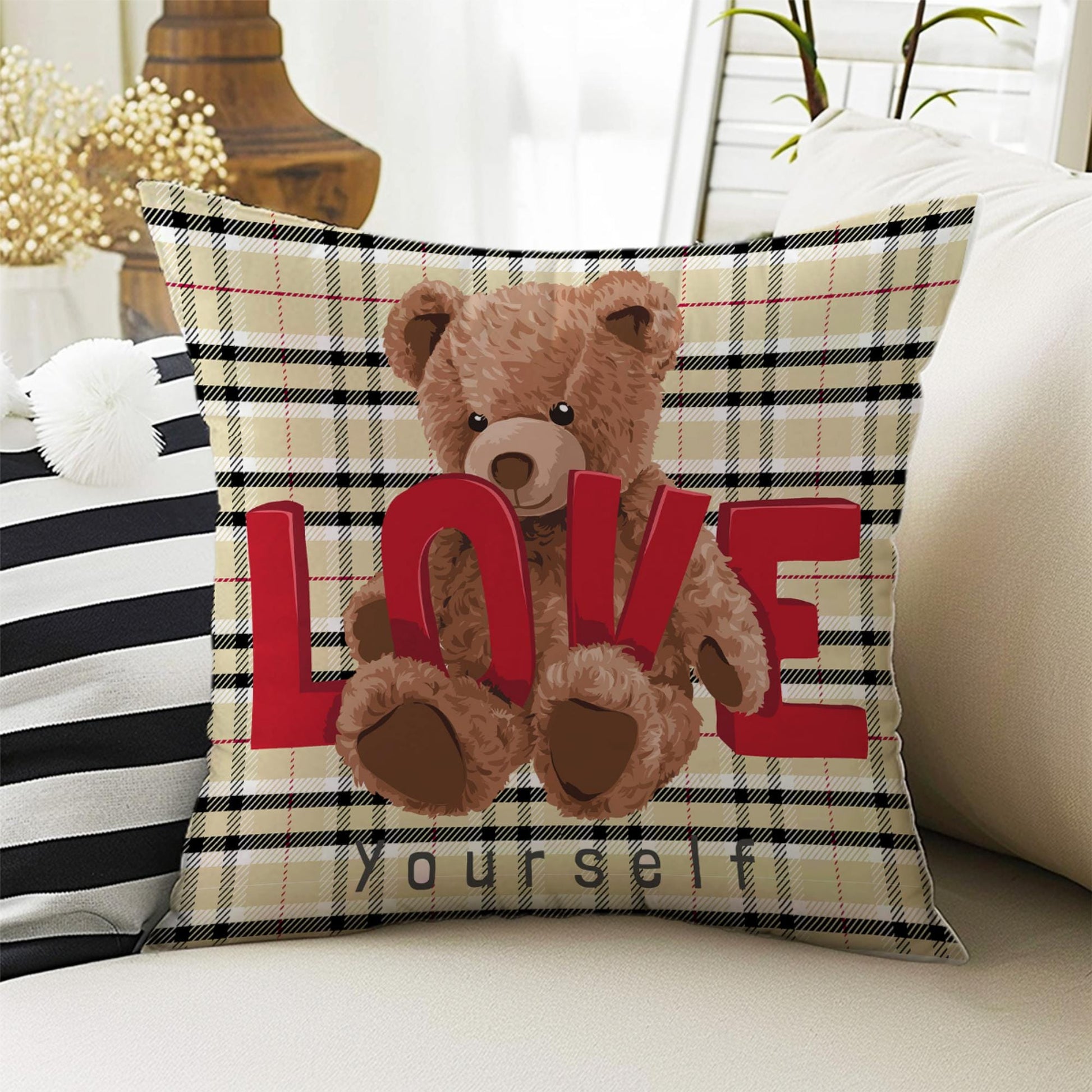 Kids Room Decor Cute Bear Animal Pillow Covers, Bold Nursery Cushion & Decorative Children Throw Pillowcases for Playroom