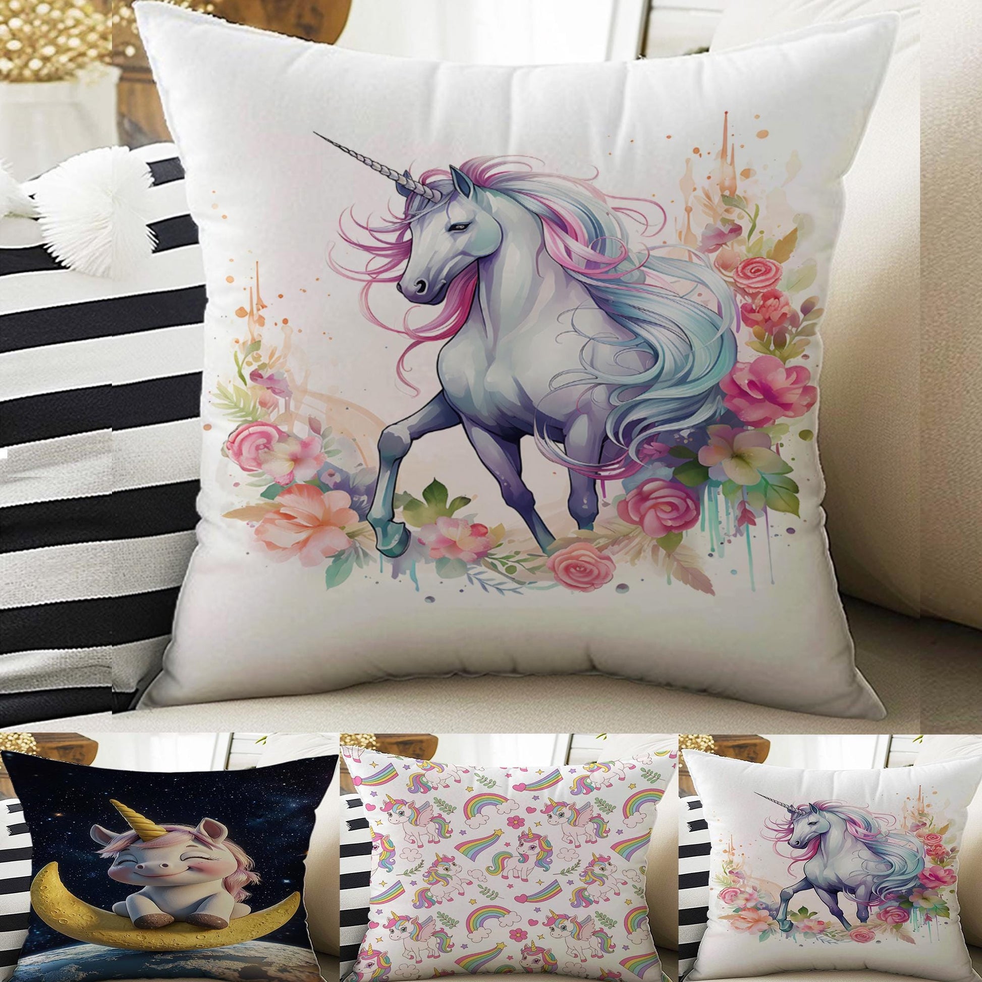 Kids Room Decor Cute Unicorn Hose Animal Pillow Covers, Bold Nursery Cushion & Decorative Children Throw Pillowcases for Playroom