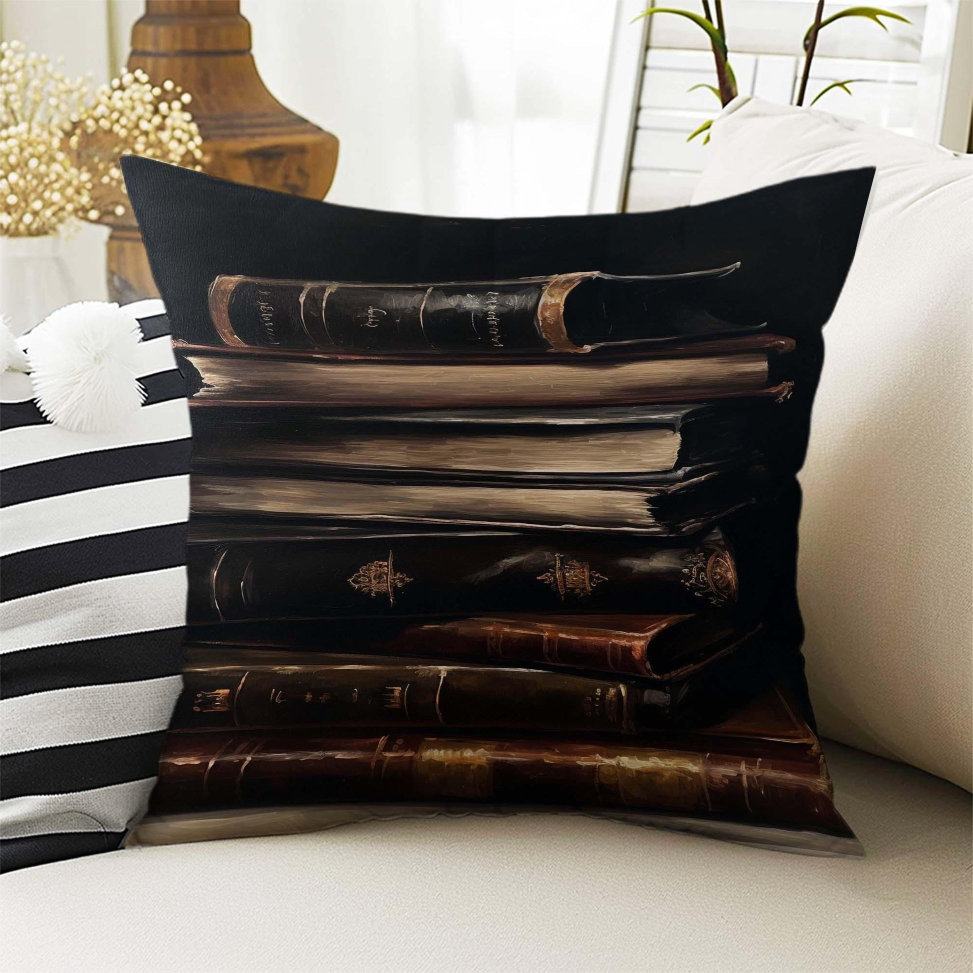 Dark Academia Pillow Cover, Gothic Books Cushion, Goth Library Decorative Throw Pillowcase, Moody Home Decor Accent