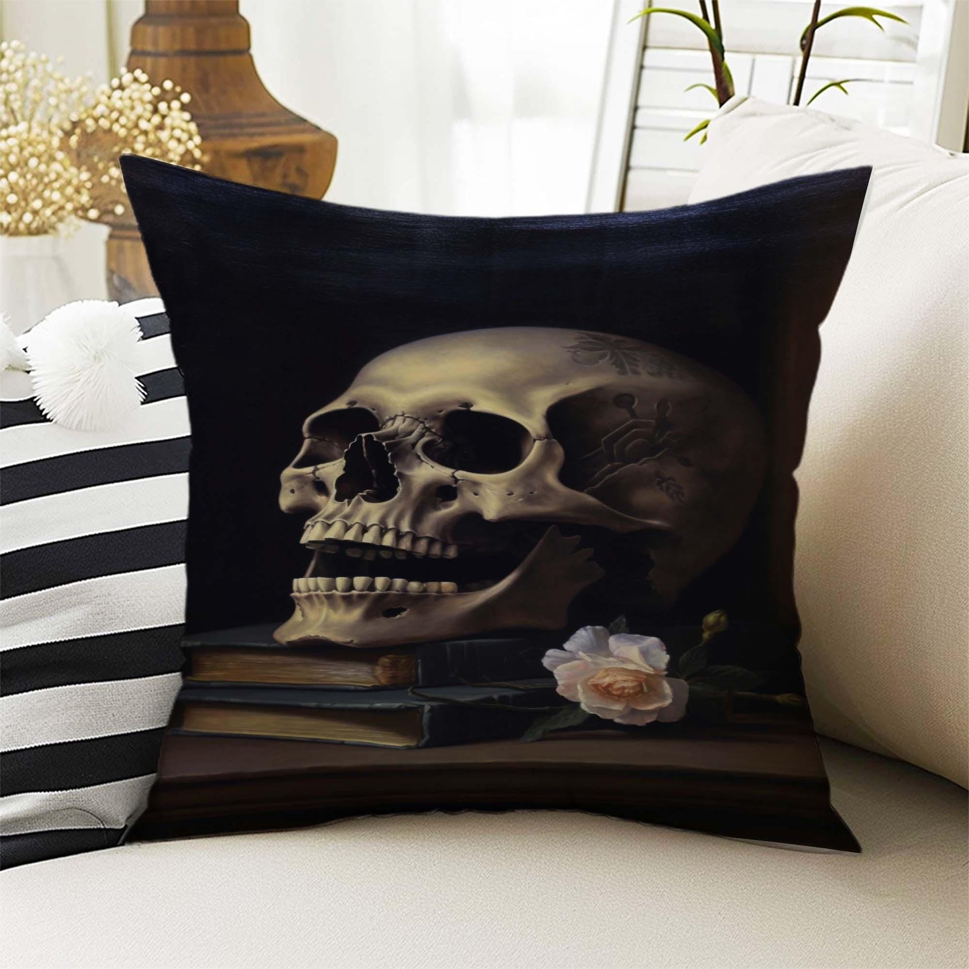 Dark Academia Pillow Cover, Gothic Skull Cushion, Goth Skeleton Decorative Throw Pillowcase, Moody Home Decor Accent