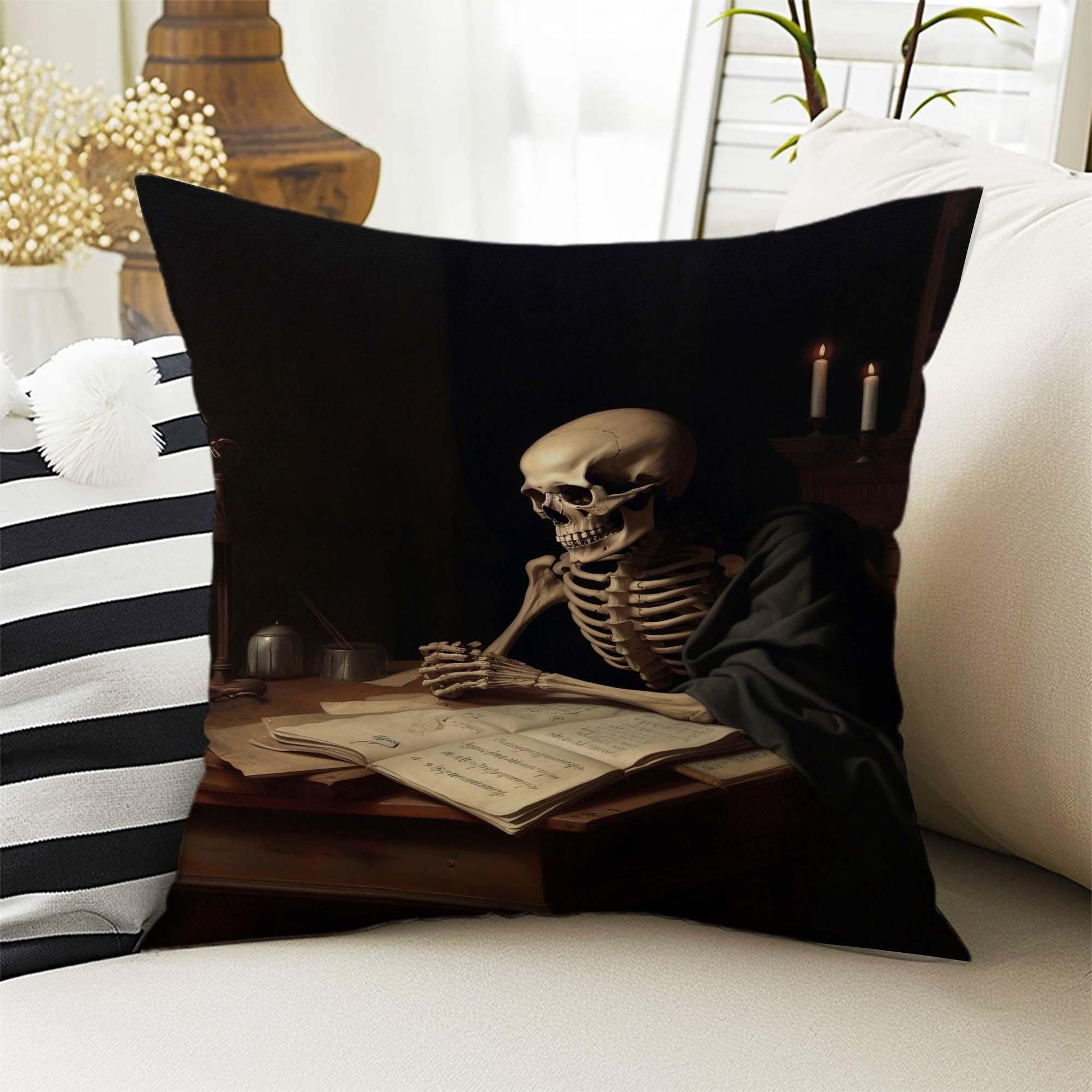 Dark Academia Pillow Cover, Gothic Skull Cushion, Goth Skeleton Decorative Throw Pillowcase, Moody Home Decor Accent