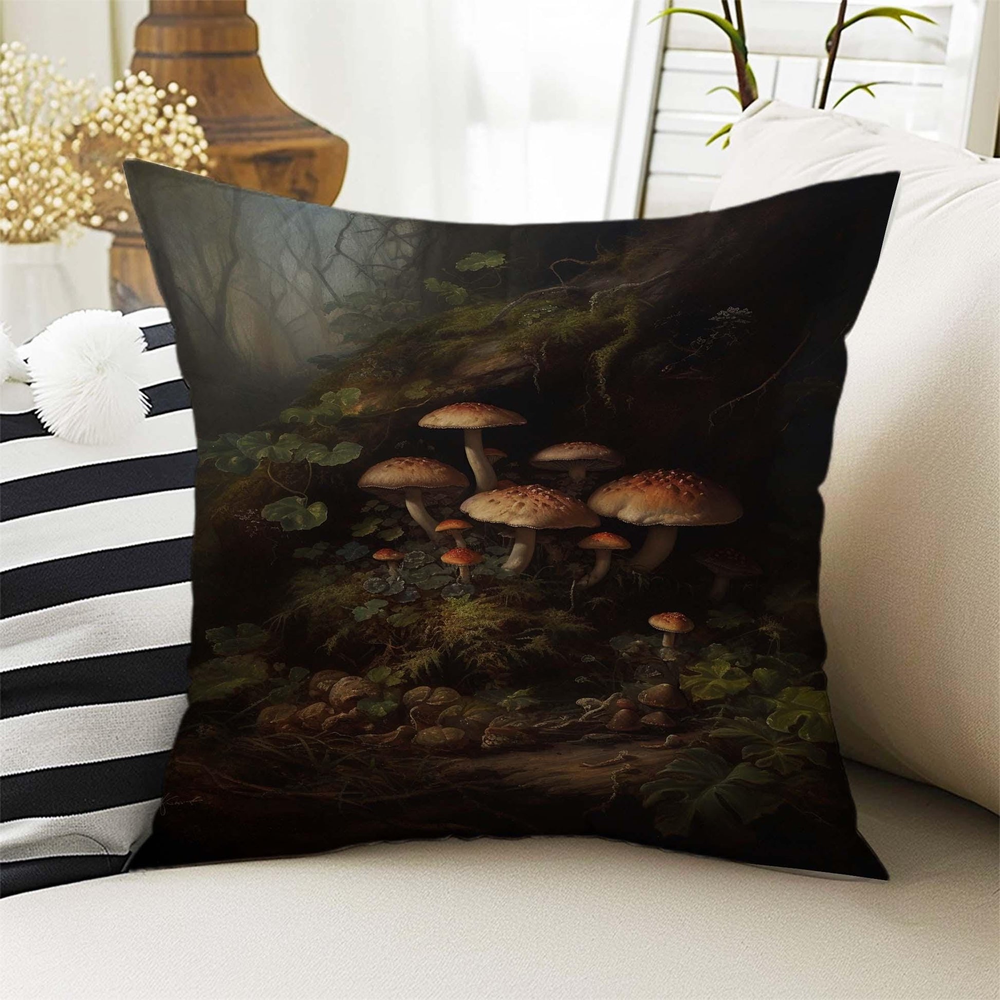 Dark Academia Pillow Cover, Gothic Mushroom Cushion, Goth Magic Decorative Throw Pillowcase, Moody Home Decor Accent