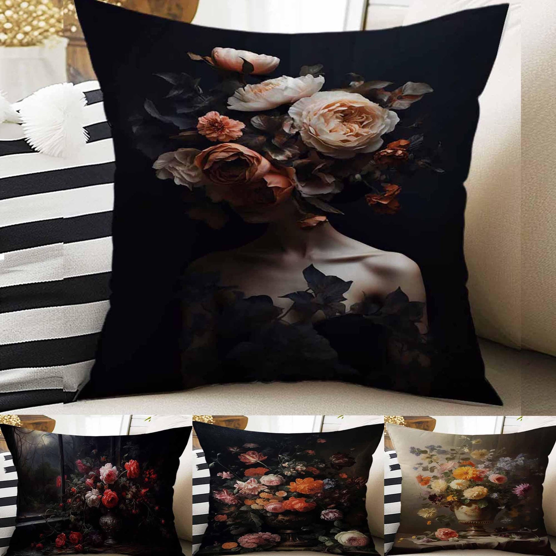 Dark Academia Moody Pillow Cover, Victorian Flowers Cushion, Decorative Throw Pillowcase, Dark Cottagecore Floral Home Decor