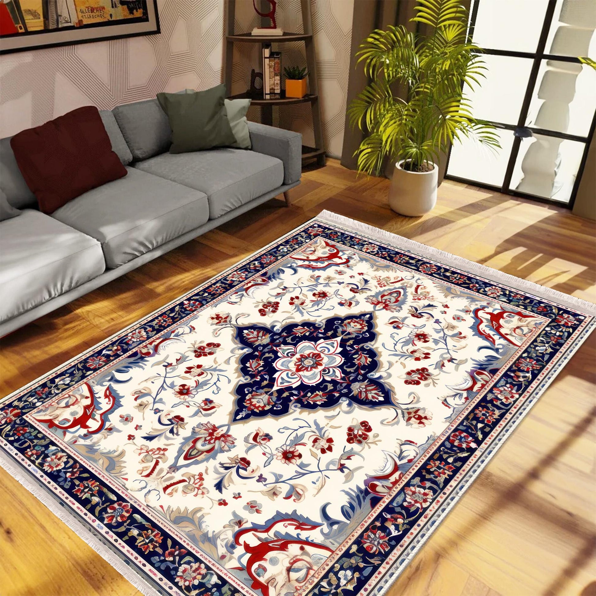 Persian Vintage Style Rug Navy Blue Red Carpet, Soft Textured Kitchen Runner, Bohemian Area Rugs for Living Room & Bedroom