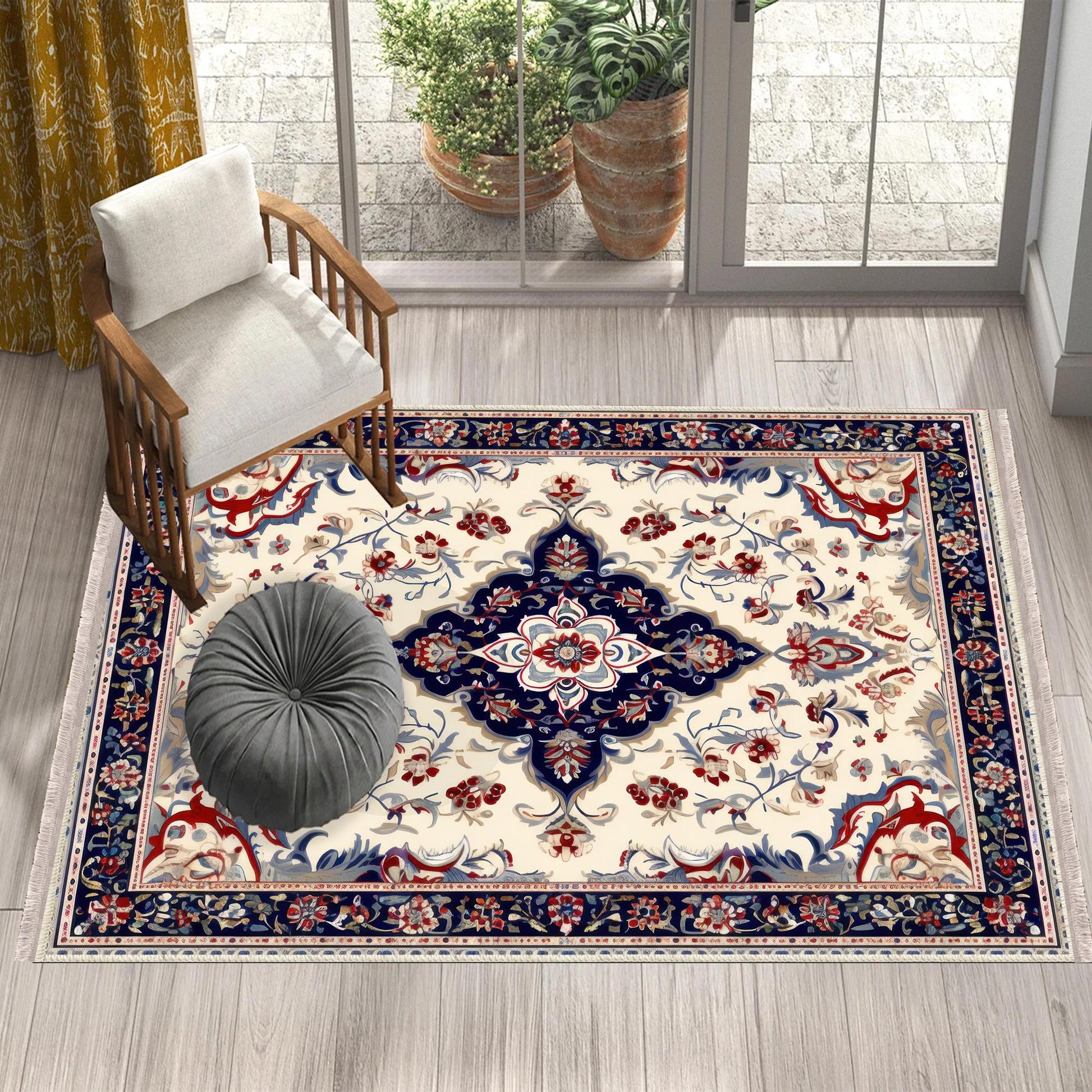 Persian Vintage Style Rug Navy Blue Red Carpet, Soft Textured Kitchen Runner, Bohemian Area Rugs for Living Room & Bedroom