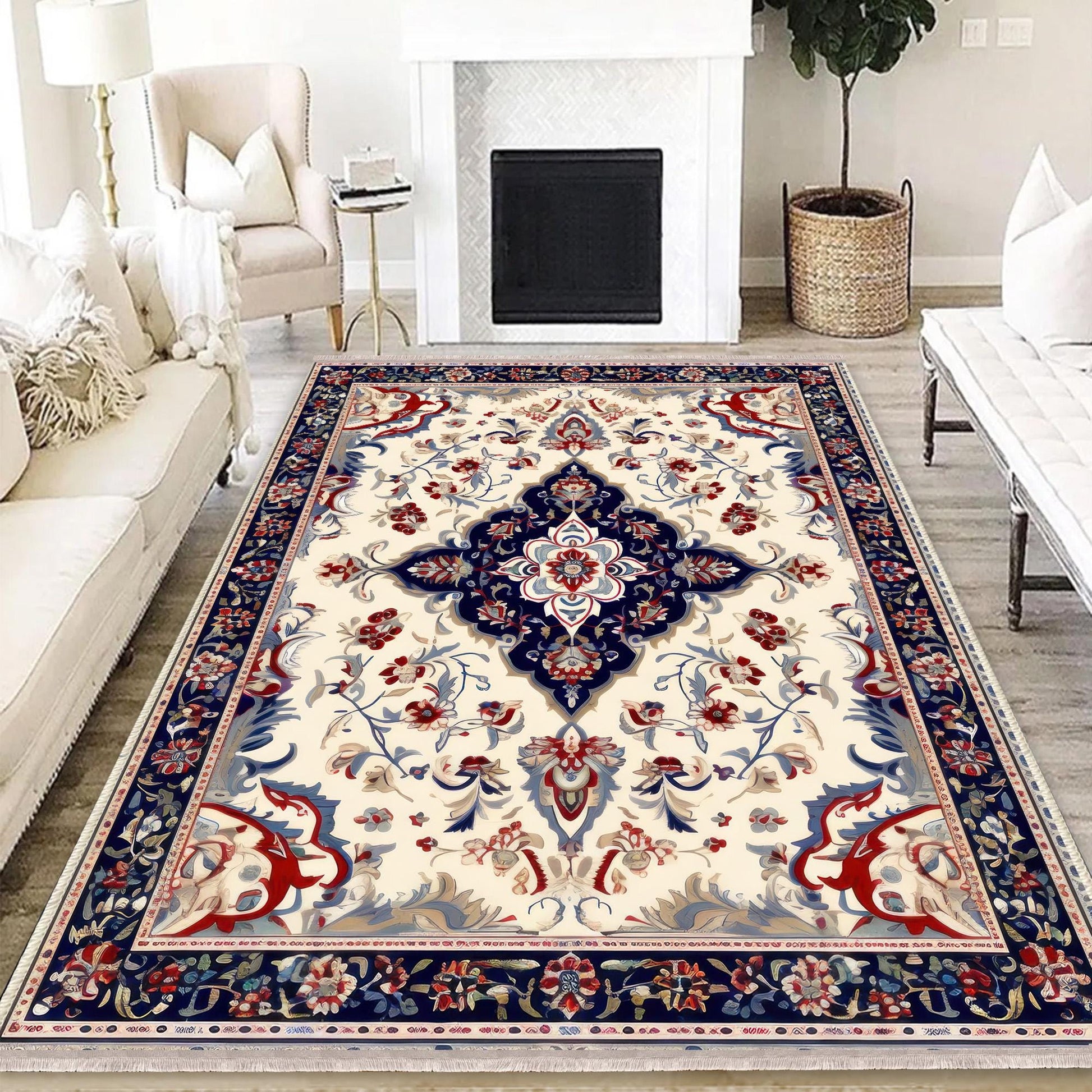 Persian Vintage Style Rug Navy Blue Red Carpet, Soft Textured Kitchen Runner, Bohemian Area Rugs for Living Room & Bedroom