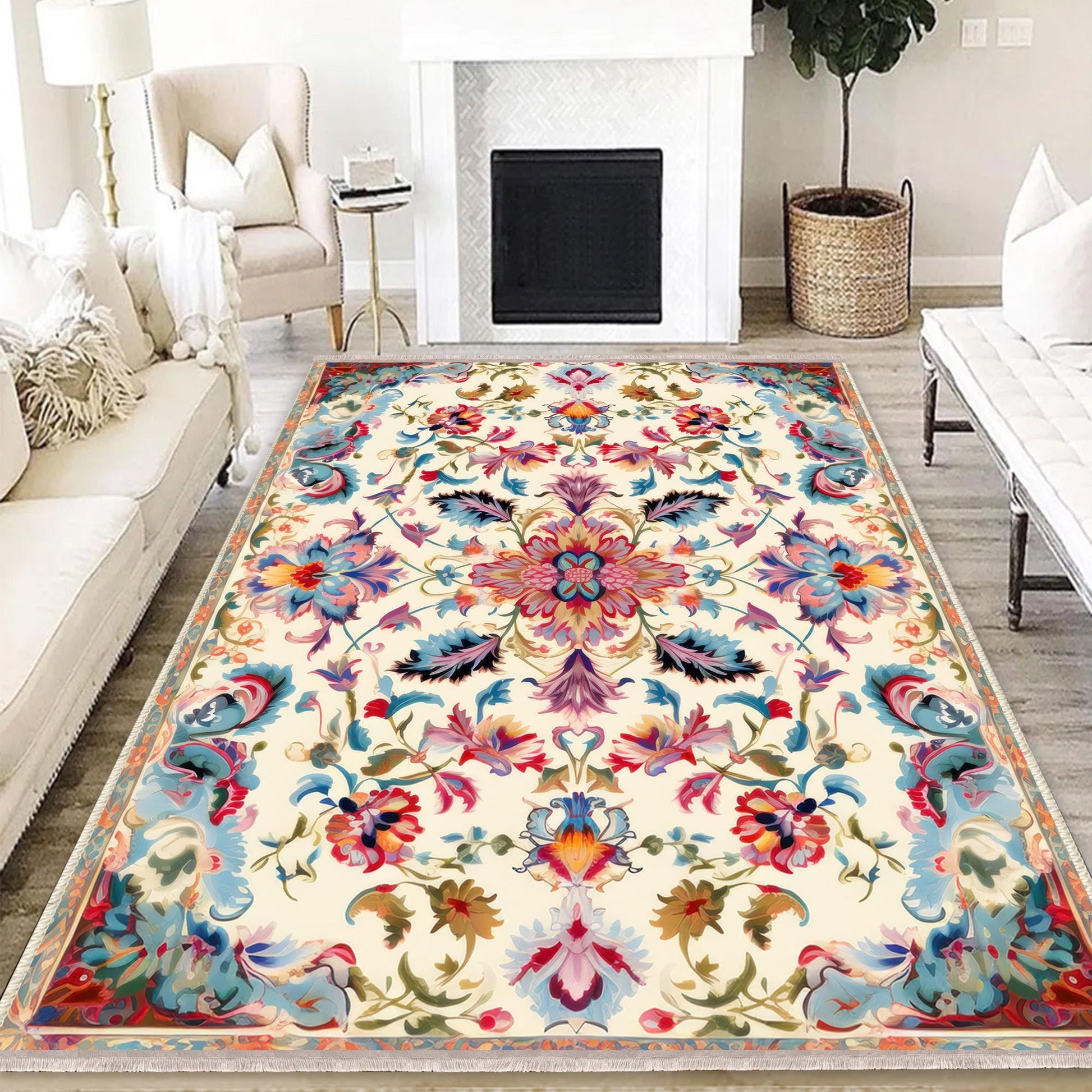 Persian Vintage Style Rug, Colorful Flower Turkish Floral Carpet, Soft Textured Kitchen Runner, Bohemian Area Rugs for Living Room & Bedroom