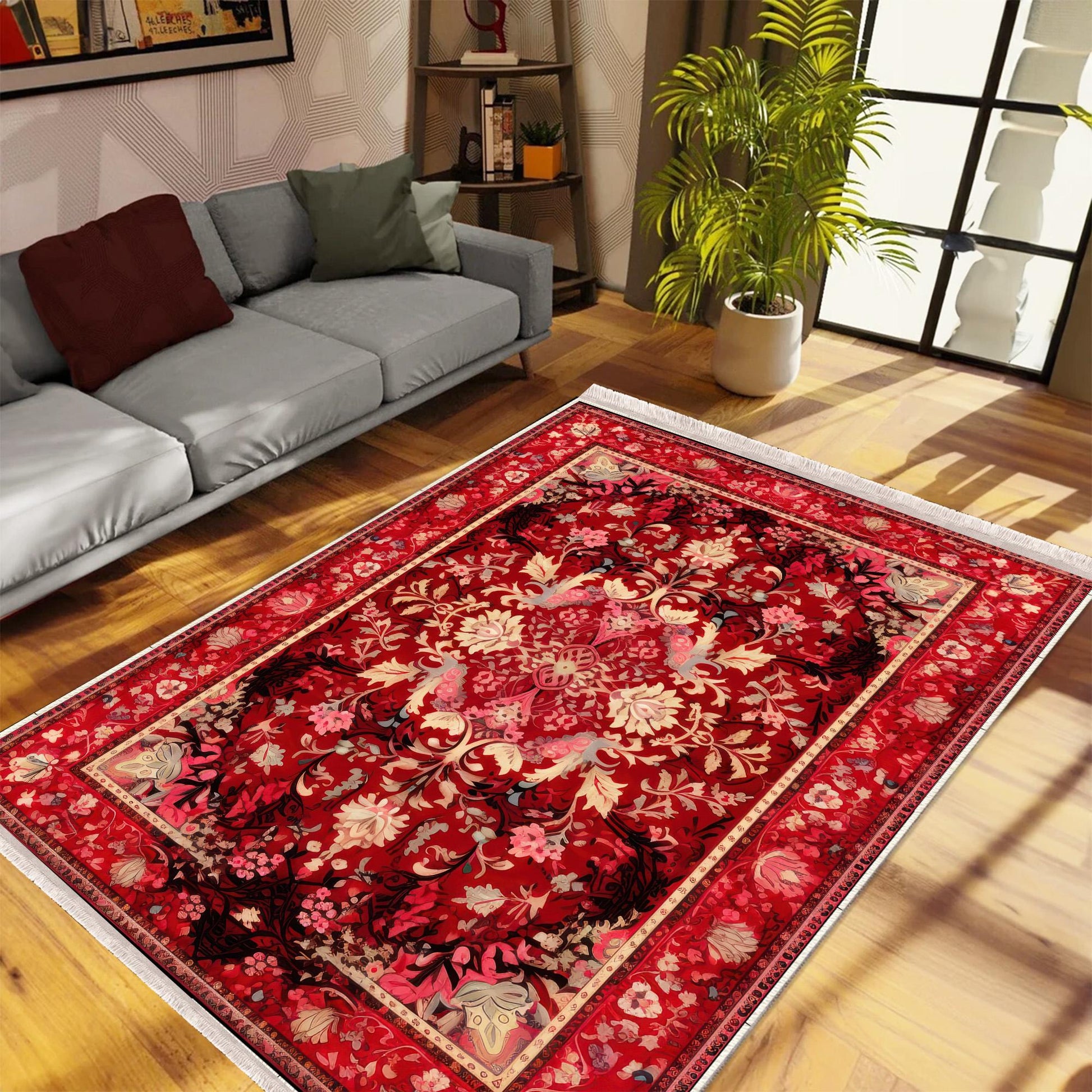 Persian Vintage Style Rug, Red Burgundy Turkish Ottoman Carpet, Soft Textured Kitchen Runner, Bohemian Area Rug for Living Room Bedroom