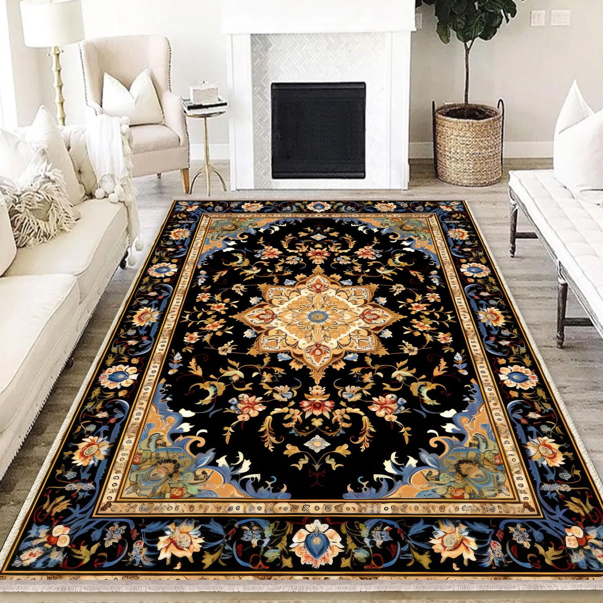 Persian Victorian Style Rug, Blue Black Turkish Ottoman Carpet, Soft Textured Kitchen Runner, Bohemian Area Rug for Living Room Bedroom