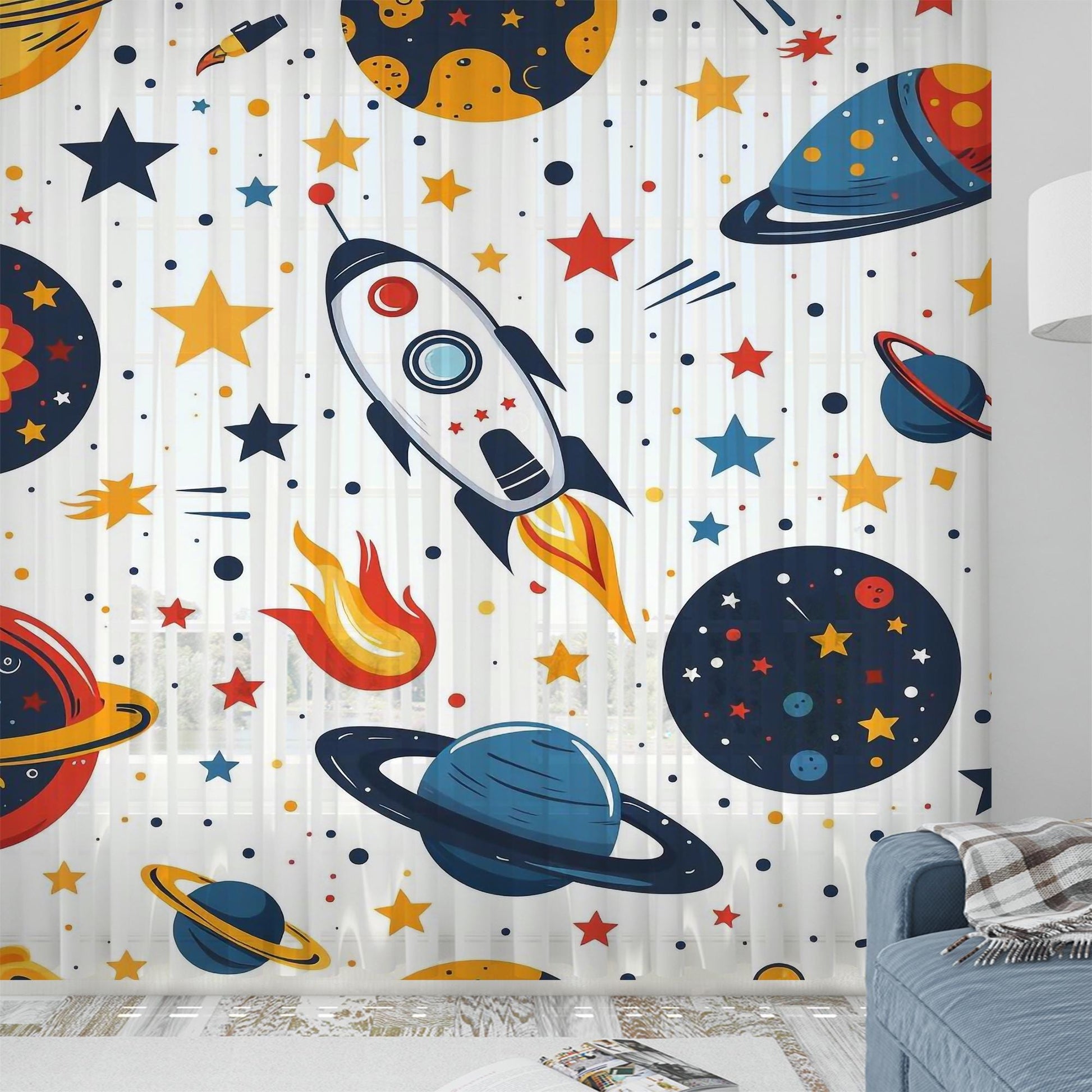 Space Galaxy Planet Stars Sheer Curtain for Kids Room, Lightweight Spaceship Rocket Nursery Net Voile, Kids Room Window Drapes