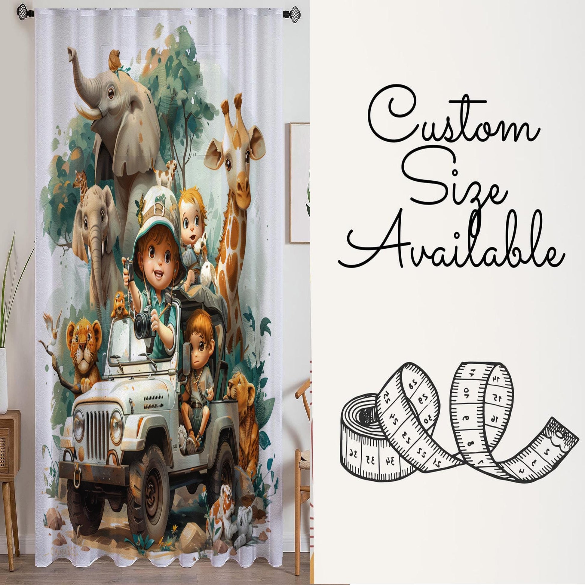 Safari Woodland Animals Sheer Curtain for Kids Room, Lightweight Giraffe Elephants Leon Nursery Net Voile, Kids Room Window Drapes
