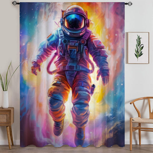 Astronaut Sheer Curtain for Kids Room, Lightweight Colorful Space Nursery Net Voile, Kids Room Window Drapes