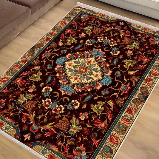 Persian Floral Victorian Rug, Brown Turkish Medieval Carpet, Soft Textured Kitchen Runner, Bohemian Area Rug for Living Room Bedroom