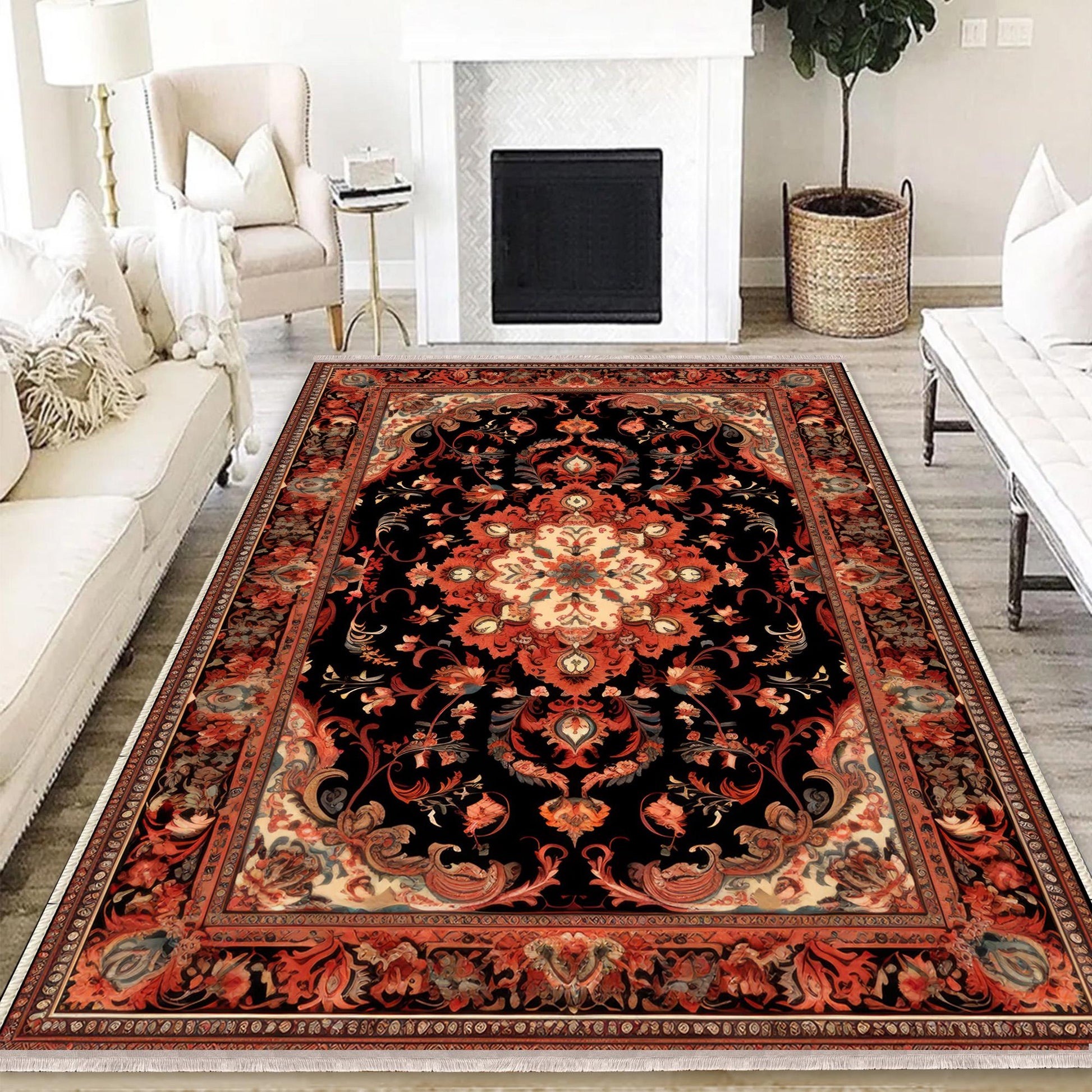 Persian Floral Victorian Rug, Brown Orange Turkish Medieval Carpet, Soft Textured Kitchen Runner, Bohemian Area Rug for Living Room Bedroom