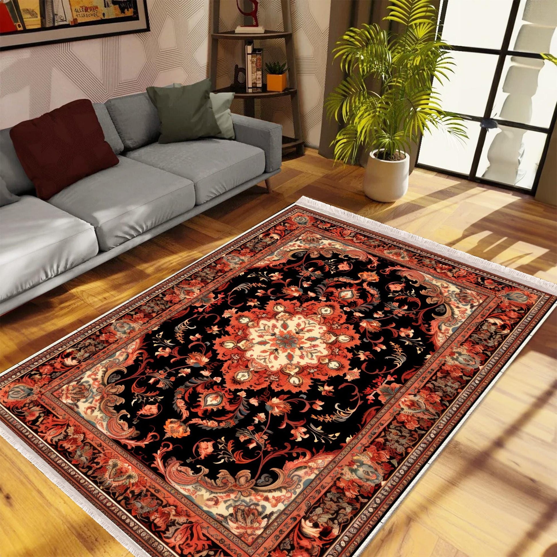Persian Floral Victorian Rug, Brown Orange Turkish Medieval Carpet, Soft Textured Kitchen Runner, Bohemian Area Rug for Living Room Bedroom
