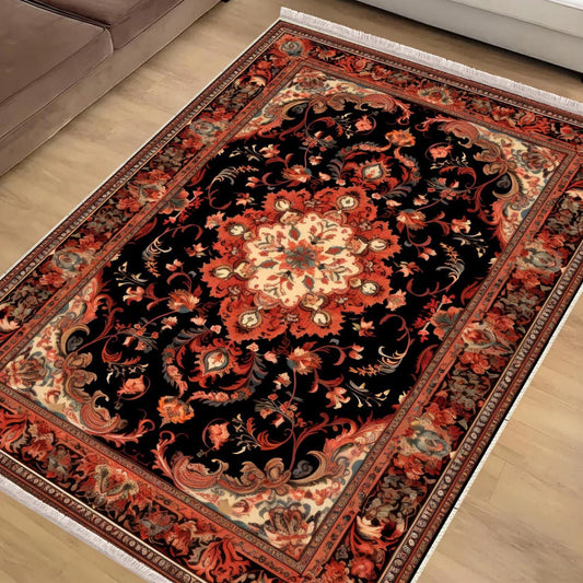 Persian Floral Victorian Rug, Brown Orange Turkish Medieval Carpet, Soft Textured Kitchen Runner, Bohemian Area Rug for Living Room Bedroom