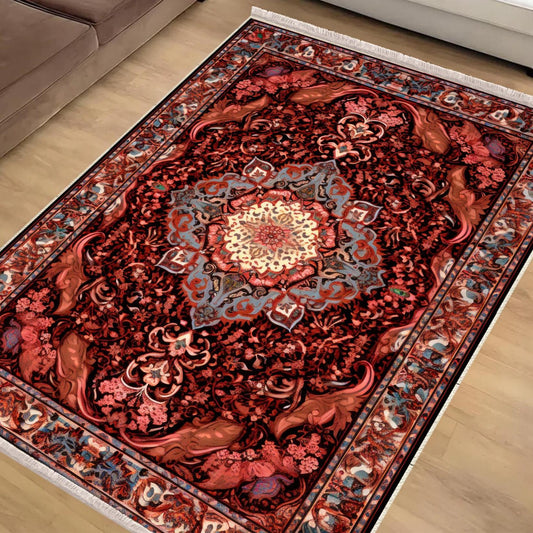 Persian Floral Victorian Rug, Red Burgundy Turkish Medieval Carpet, Soft Textured Kitchen Runner, Bohemian Area Rug for Living Room Bedroom