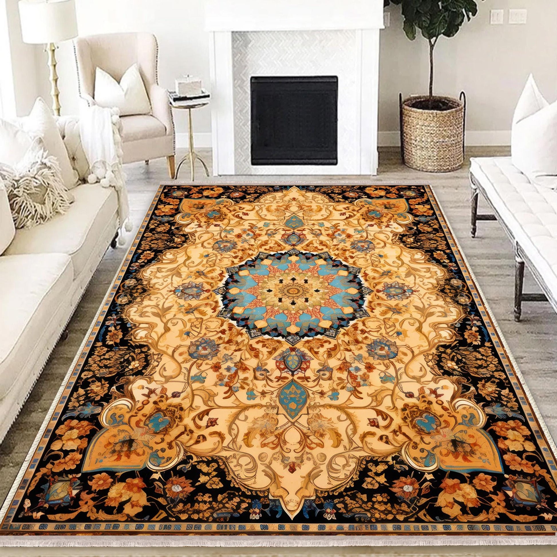 Persian Ethnic Victorian Tribal Rug - Brown Yellow Green Turkish Floral Medieval Carpet, Soft Textured Kitchen Runner Bohemian Area Rug