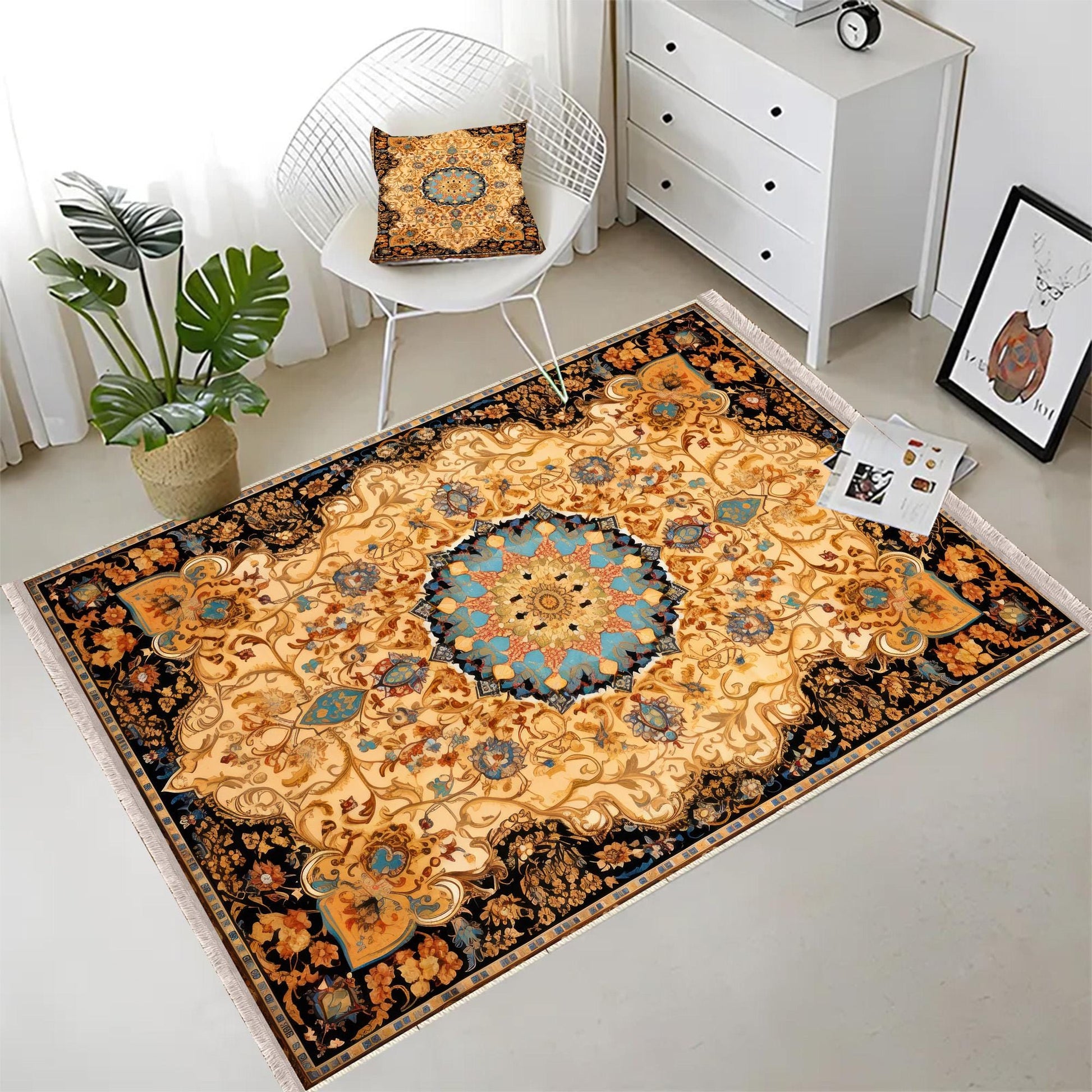Persian Ethnic Victorian Tribal Rug - Brown Yellow Green Turkish Floral Medieval Carpet, Soft Textured Kitchen Runner Bohemian Area Rug