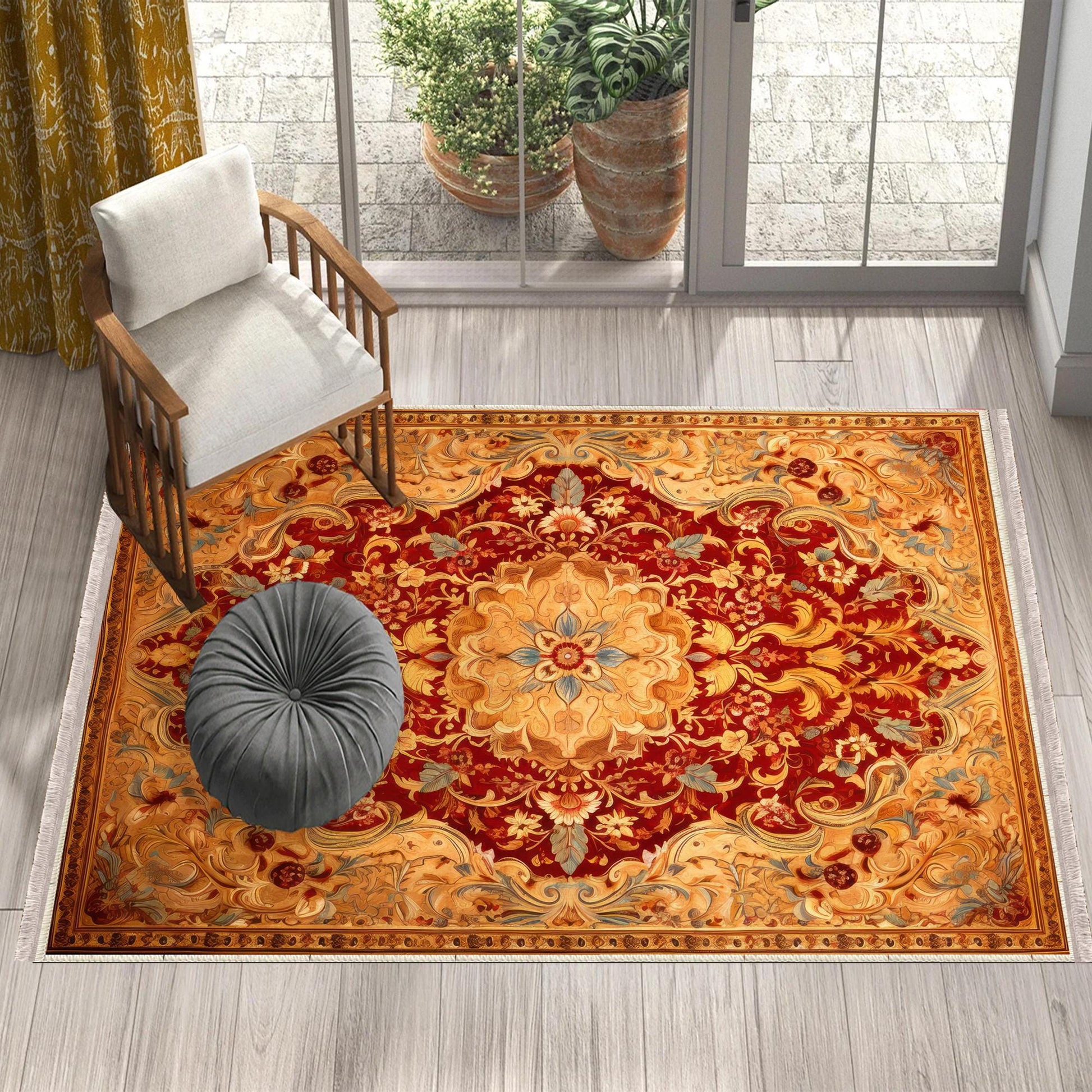 Persian Ethnic Victorian Tribal Rug - Red Yellow Antiqued Turkish Floral Medieval Carpet, Soft Textured Kitchen Runner Bohemian Area Rug